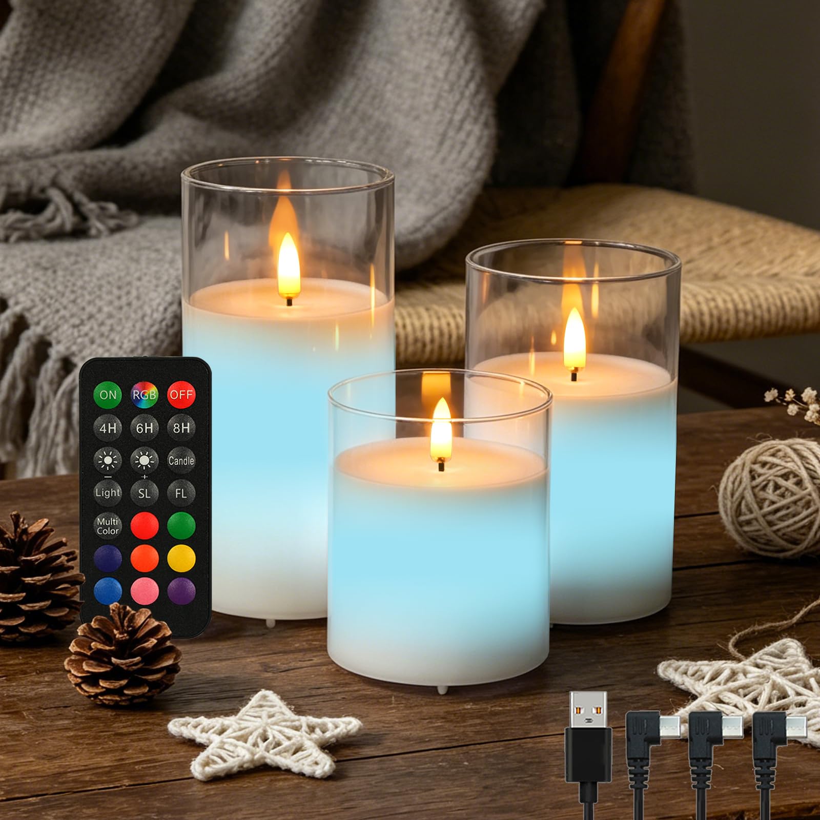 Wiederaufladbare RGB Flammenlose Kerze, Blinkende LED Stumpe Echtwachskerze mit Fernbedienung und Timer, Klarglas Elektronische Kerzen für Raumdekoration, 1 Set von 3