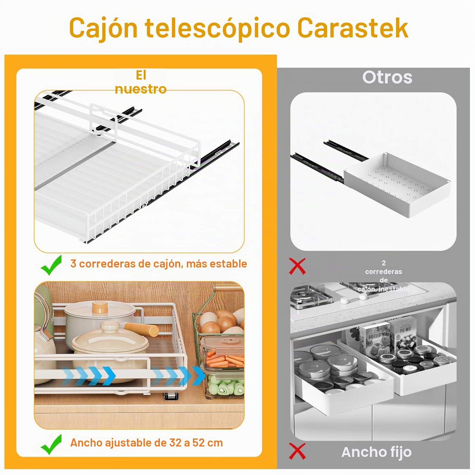 2 Piezas Cajón Telescópico Cajones Extraibles Armario Cocina Cajón Deslizante Para Alacena Cajón de Cocina Extensible Organizador de Cajones Ancho Ajustable 31-50cm/32-52cm, Sin Taladrar