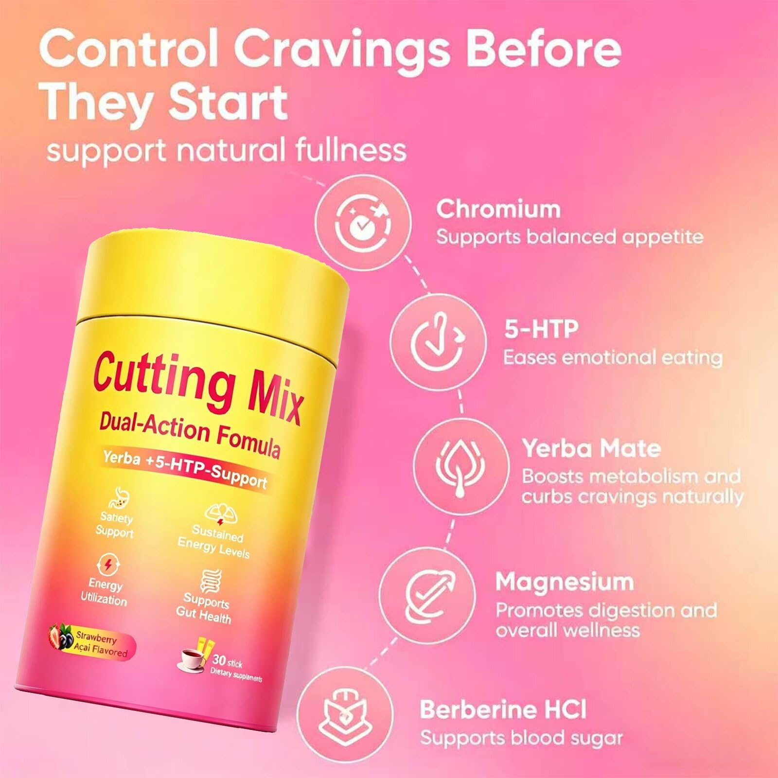 Cutting Mix Drink, Trimtaste Berberine & Yerba Mate Blend, Strawberry Açaí Flavor Daily Wellness Beverage Mix，30 Stick Packs