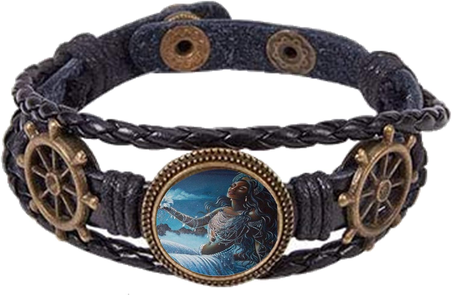 Gifts by Lulee, LLC Yemaya Jemanja Yeya Santeria Collection Ships Wheel Timon Braided Leather Bracelet 18mm Cabochon Bezel Tray Lucite Cover Button Adjust Closure Many Styles