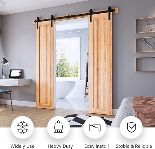 Miniatura 2 de EaseLife Kit de Rieles de Hardware para Puerta Corredera de Granero de Doble Puerta de 6.6 Pies, Polea J Básica, Resistente, Se Desliza Suave y