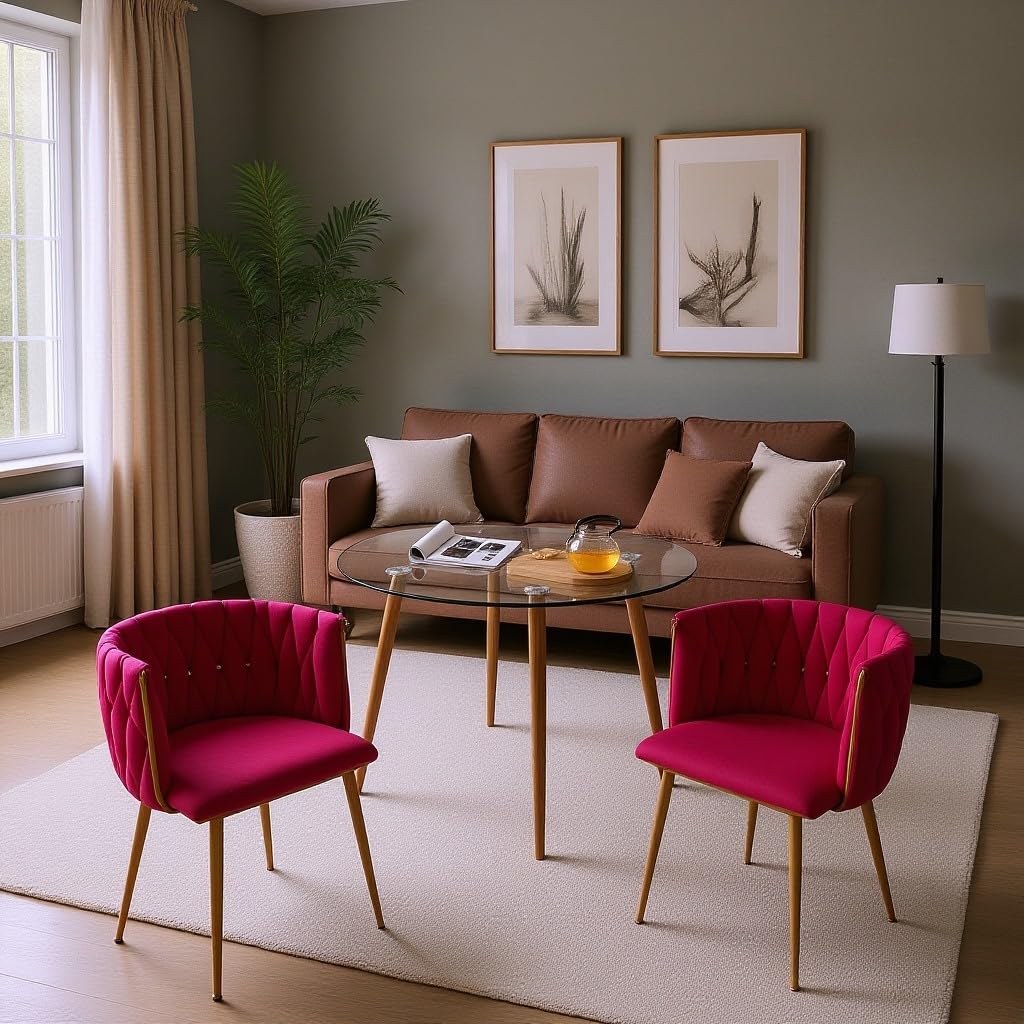 Rose Red Velvet Dining Chairs Set of 2 with Golden Metal Legs - 62x51x43cm