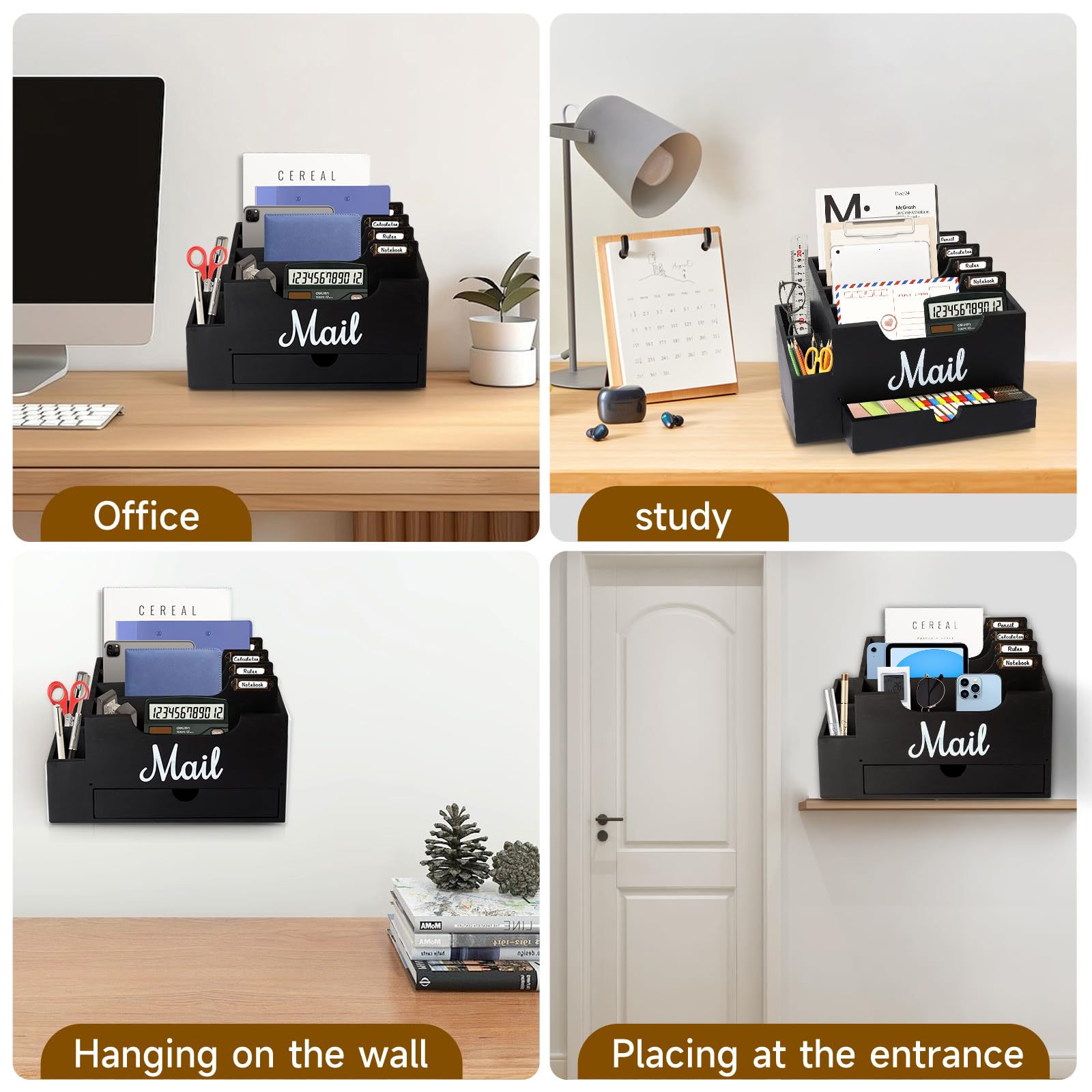 Organizzatore di Posta da Scrivania in Legno con 6 scomparti e cassetto, Organizzatore per Cartelle di Carta e Lettere, Organizer per Cartelle per Scrivania per Lettere Cancelleria, Nero