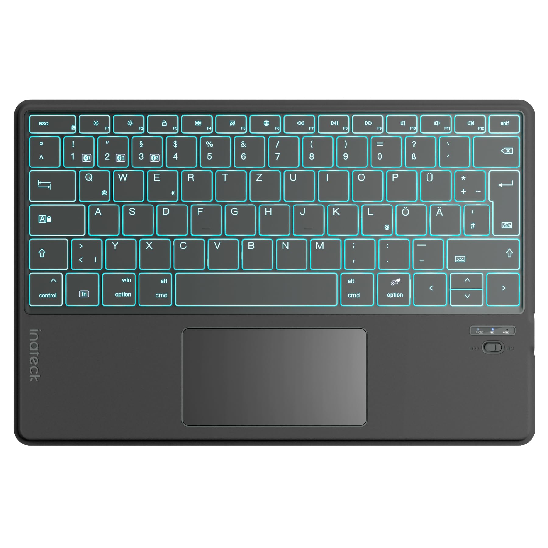 Inateck Bluethooth KB01104 Clavier ultra fin avec pavé tactile, avec 3 canaux Bluetooth pour Windows, iPad OS, Android, iOS, fonction IA, prise en charge de l'application auto-​développée, QWERTZ