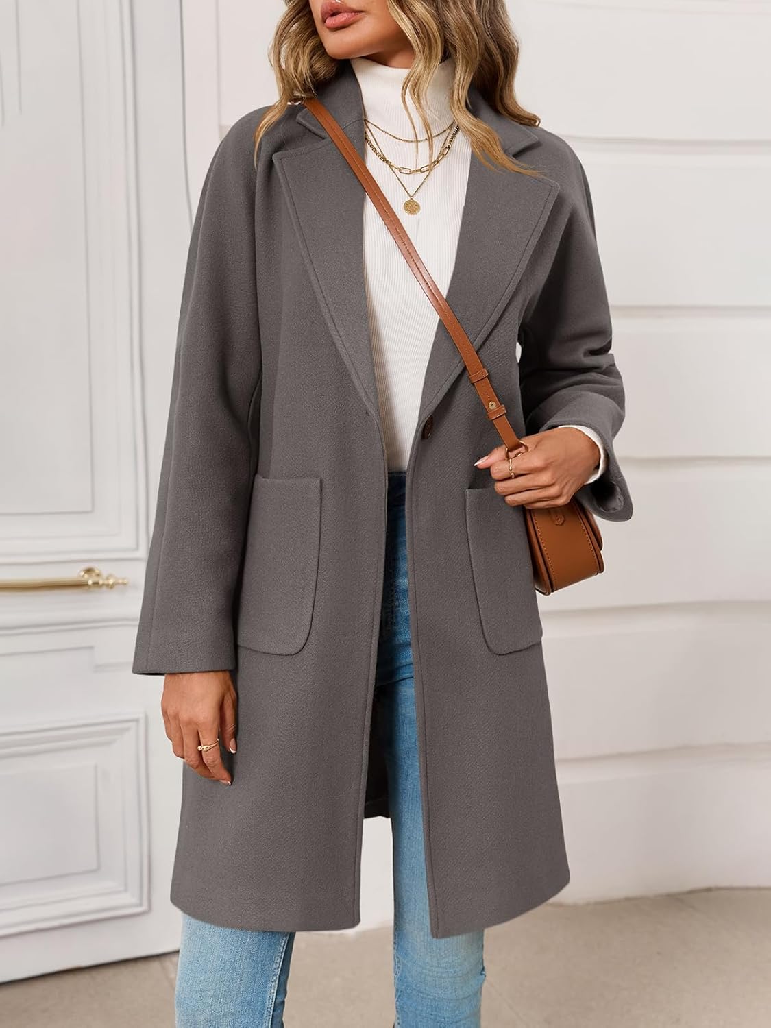 Tankaneo Womens Pea Coat Notched Lapel Single Breasted Long Jacket Winter Casual Trench Coat Outerwear - Image 2