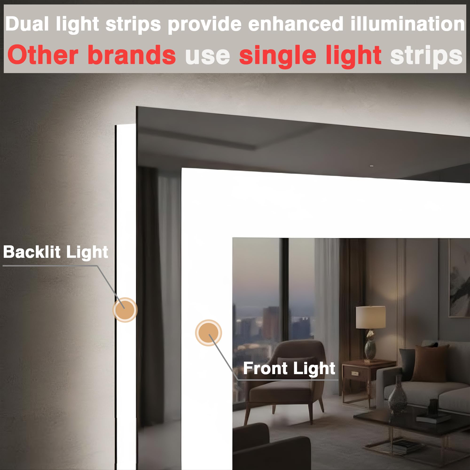 EchosLife 91,4 x 91,4 cm quadratischer LED-Badezimmerspiegel (vorne und hinterleuchtet), beschlagfreier Kosmetikspiegel mit Lichtern, stufenlos, 3 Farben, dimmbar, intelligenter beleuchteter Spiegel