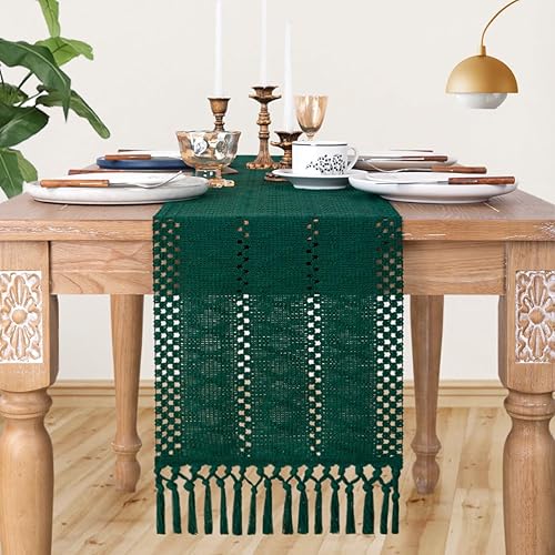Miniatura 5 de Socomi Camino de mesa bohemio de macramé rústico de lino de algodón tejido con borlas hechas a mano para decoración del hogar, comedor, despedida de