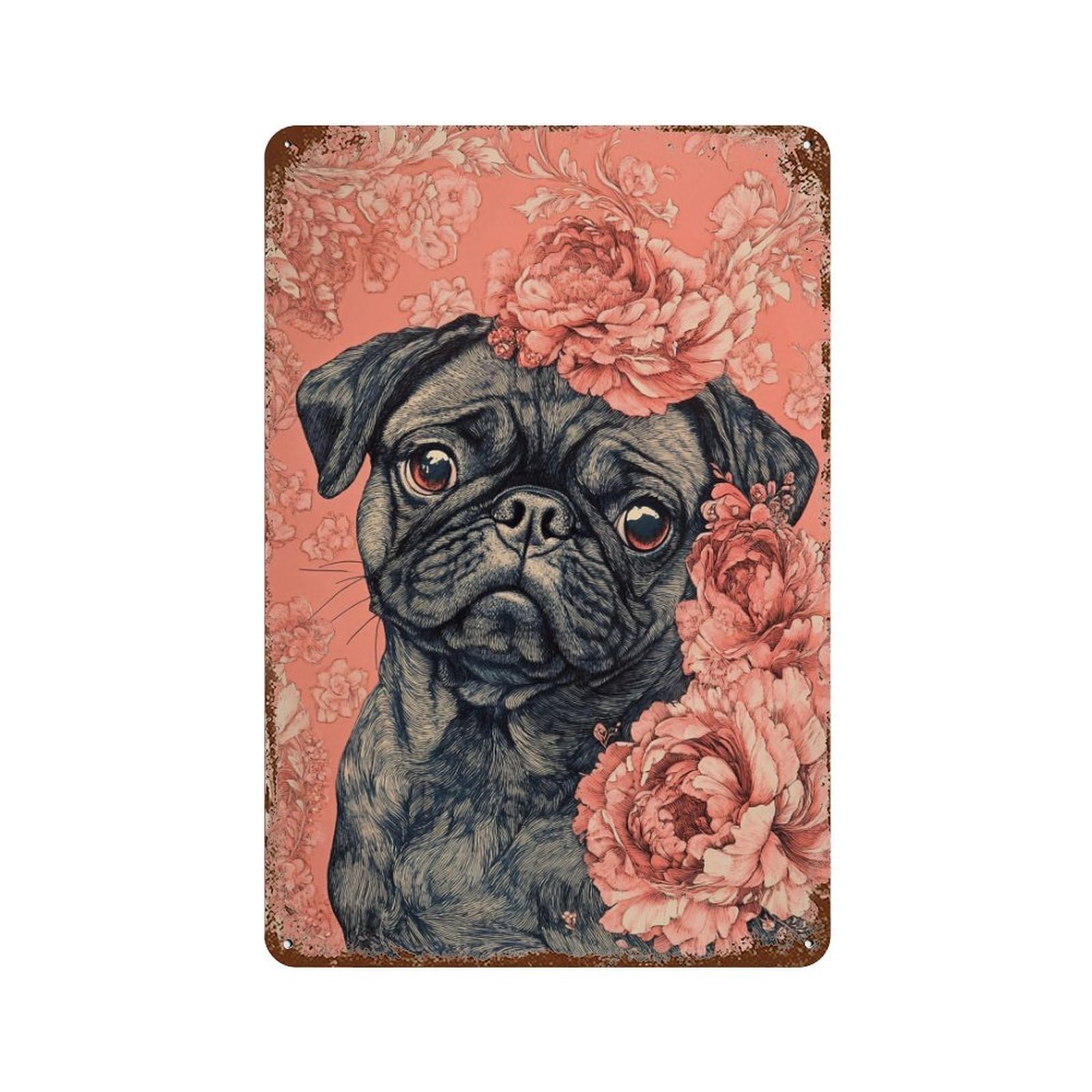 Garage Style Floral Pug Wall Art Print Rustic Tin Plaque 11.8"x7.9", Vintage Wall Decor for Bar And Workshop
