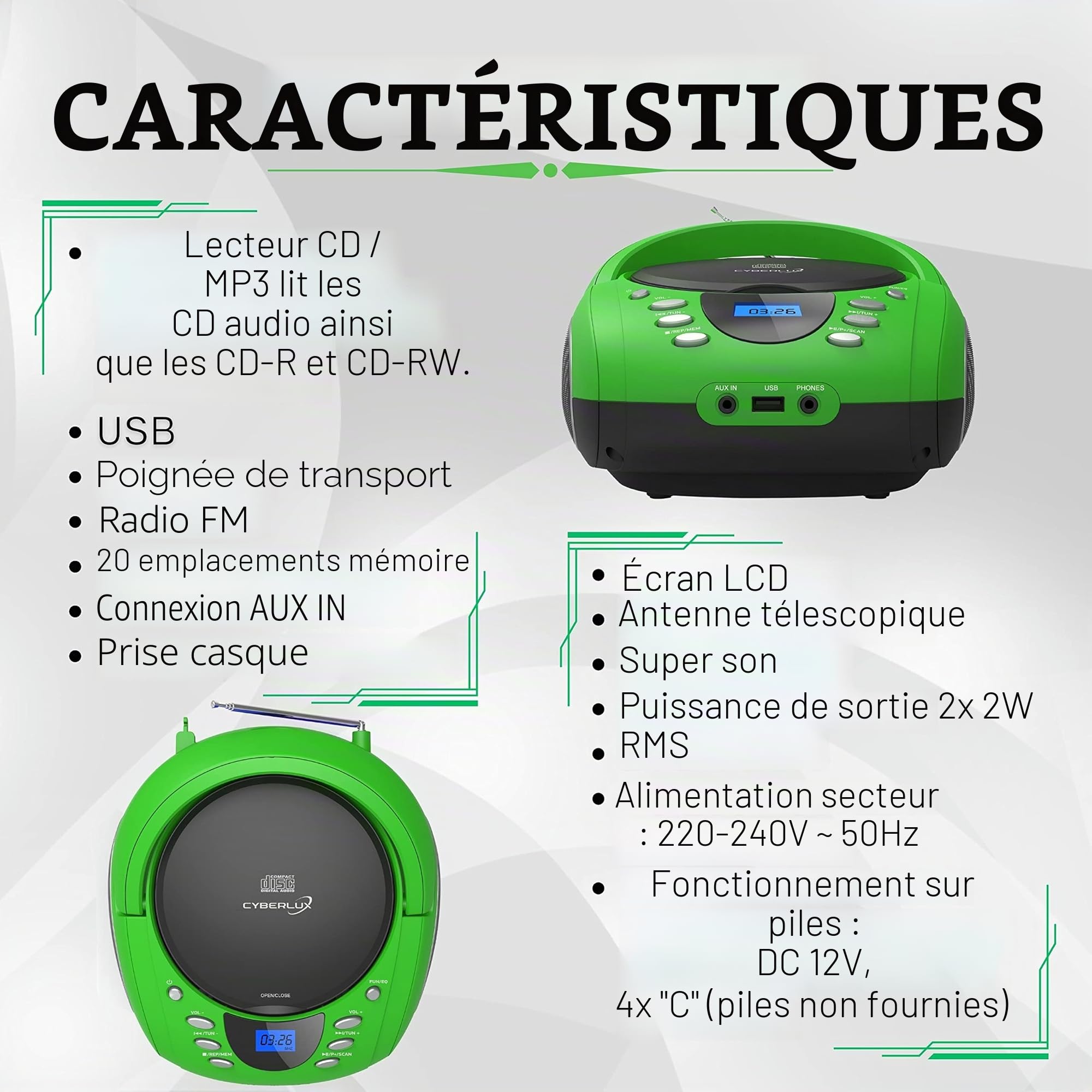Boombox Portable CD/CD-R USB FM Radio Entrée AUX Casque Lecteur CD Enfant Chaîne Stéréo Système Compact (Golo Green)