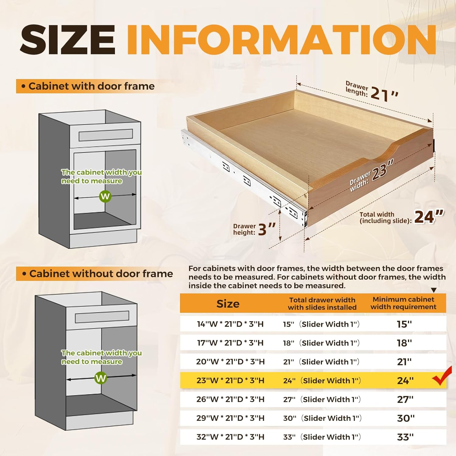 Pull Out Drawers for Cabinet Wood Slide Out Cabinet Organizer and Storage Cabinet Kitchen Drawers Slide Out Shelves Pull Out Shelves in Kitchen Pantry Bathroom with Soft Close 24"W x 22"D x 3"H - Image 3
