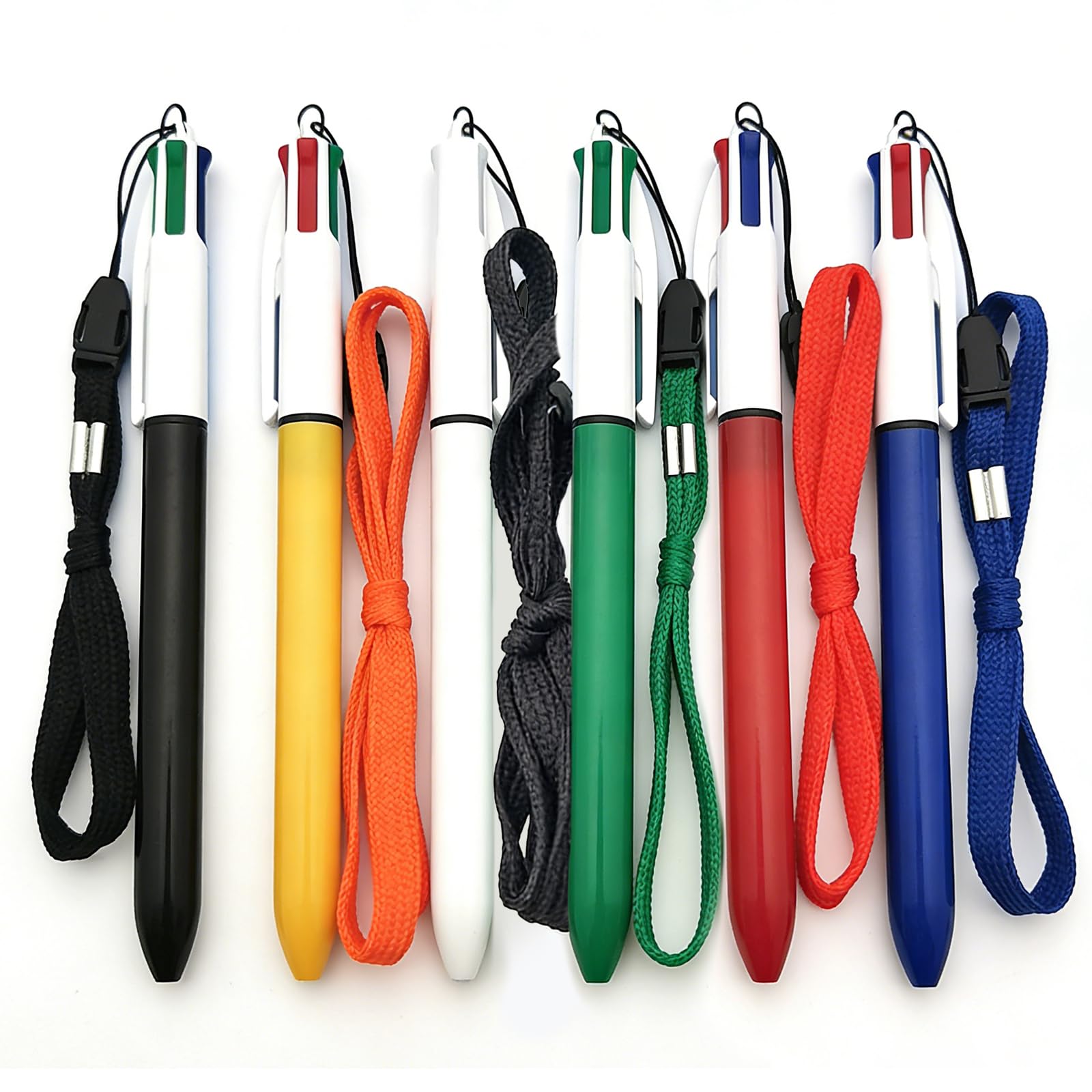 QGH 4 Colour Pen with Lanyard – 6 PCS Multi Colour Pen All in One – 0.5 mm Retractable Biro Pens – Multi Coloured Pens All in One for Office School & Home