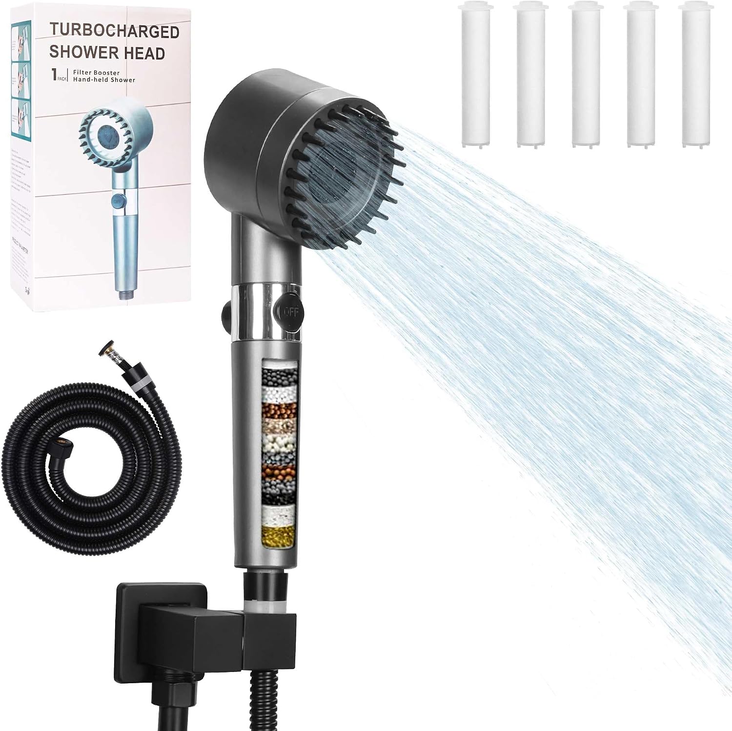 Filtered Handheld Shower Head, High Pressure Shower Heads 4 Spray Modes, Water-Saving Detachable Shower Wand with Solid Brass Bracket and 5 ft Flexible Hose, Easy to Clean and Durable(Black)