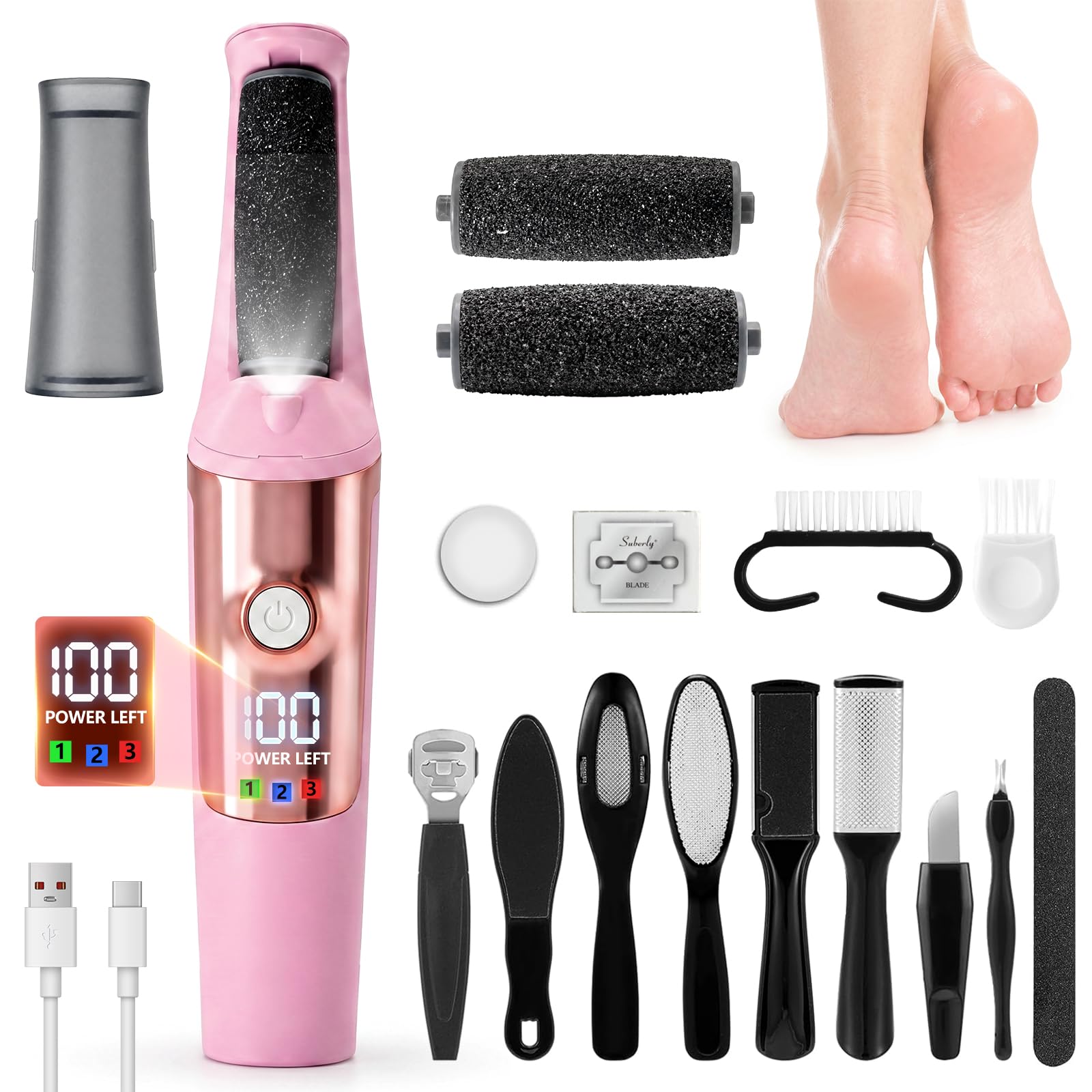 Photo 1 of MDMSXXDD Electric Callus Remover for Feet - Pink, 17-in-1 Pedicure Kit