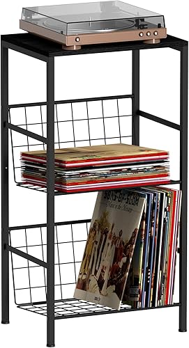 YBING Soporte para tocadiscos con almacenamiento de vinilo, soporte para discos de 3 niveles, estante de reproductor de discos de vinilo negro con