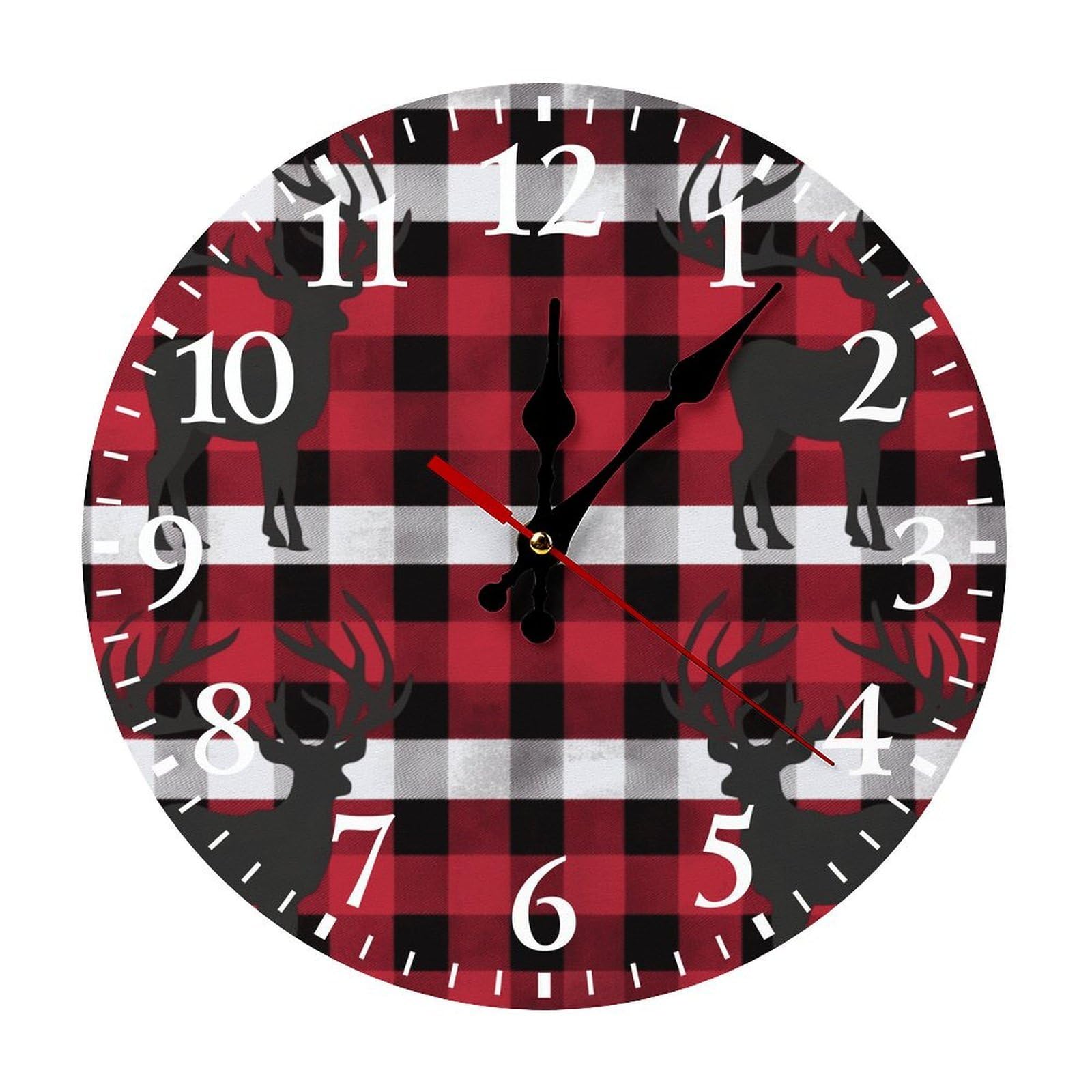 NTVOWPZO 10 Inch Wall Clock Buffalo Plaid Deer Battery Operated Wall Clocks Silent Non-Ticking Round Wall Clock for Living Room Kitchen Home Office Wall Decorative Clock