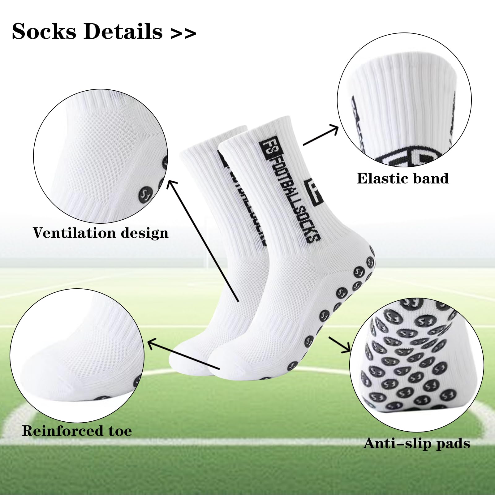 4 Paires de chaussettes de sport de football antidérapantes, Chaussettes de Football Respirant, chaussette foot (Blanc + Bleu + Couleur Fluorescente + Jaune)