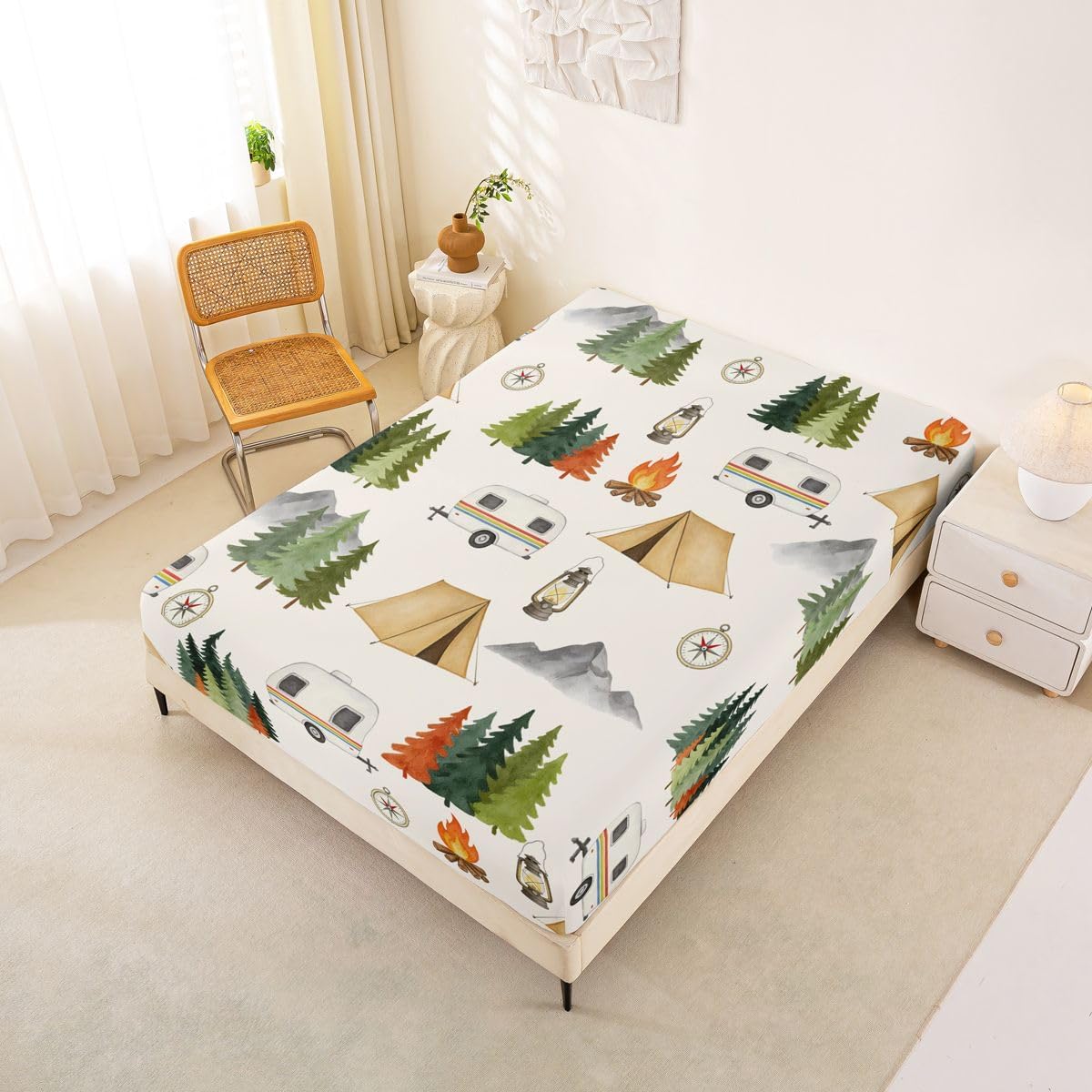 Happy Camping Bed Sheets Full Camper RV Trailer Sheet Set Camping Travel Tent Bedding Set for Kids Boys Girls,Mountain Adventure Fitted Flat Sheets 4 Piece