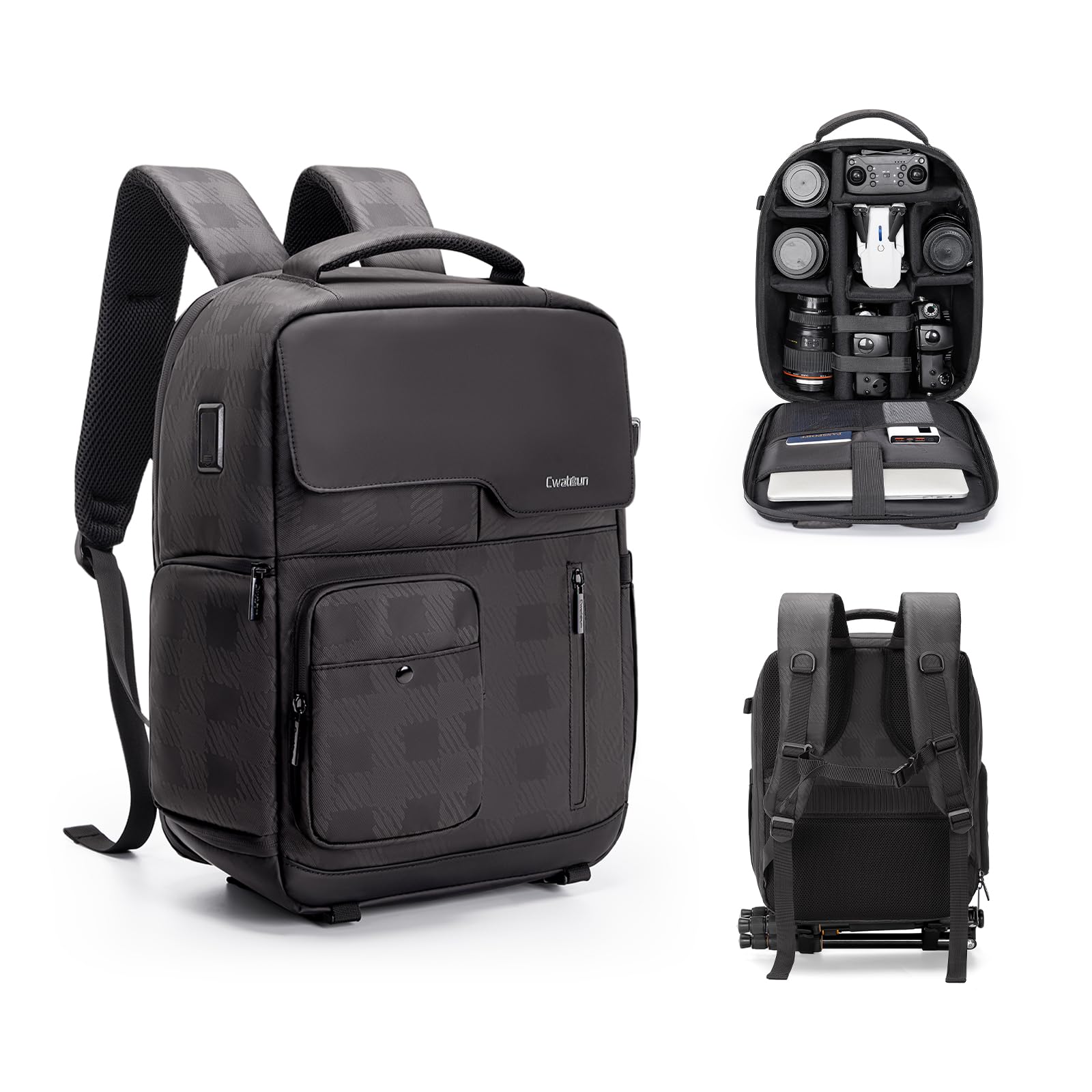 Cwatcun PU Leather Camera Backpack, Waterproof DSLR Bag with Tripod Holder & 14