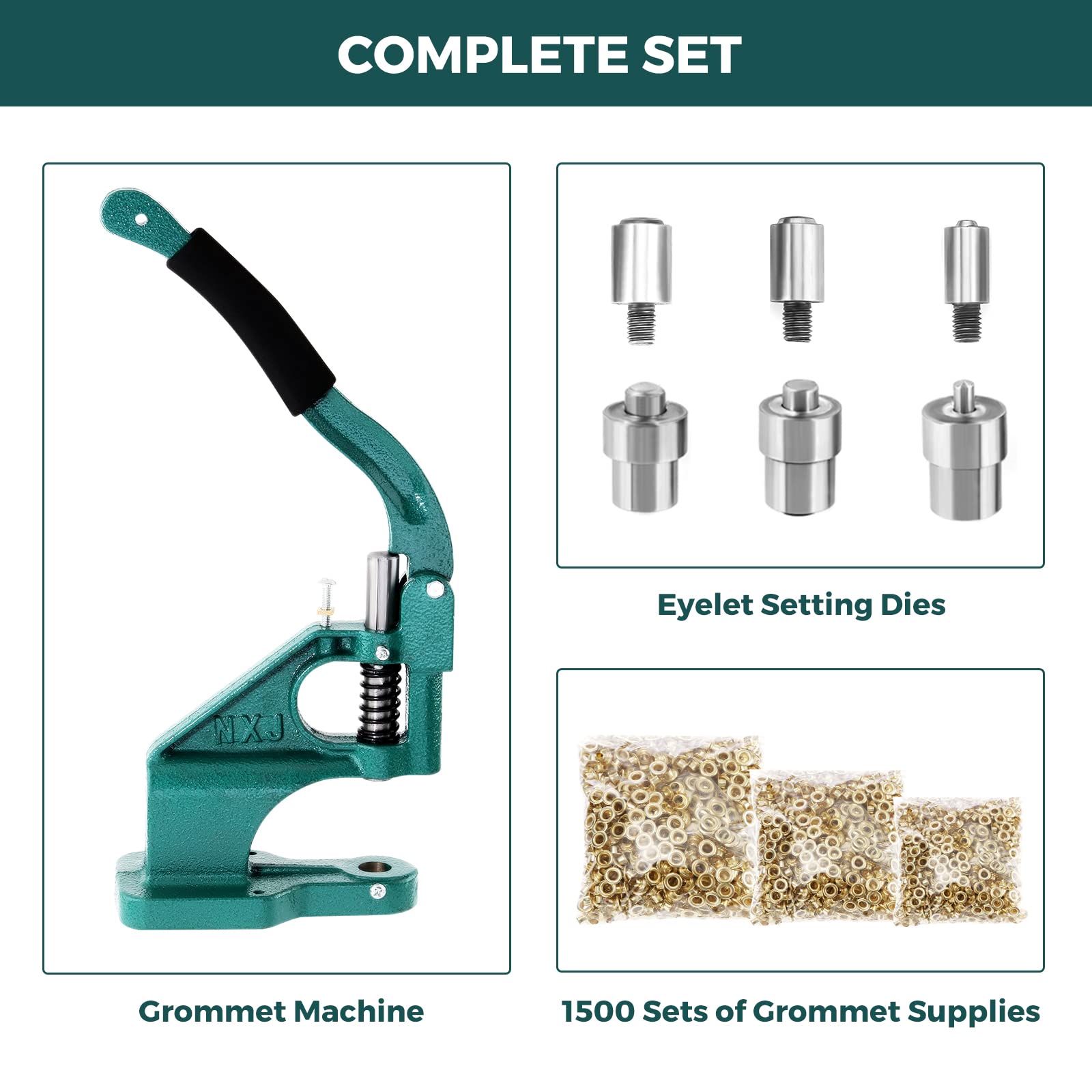 BEAMNOVA Kit de ojales para máquina de prensado manual con 3 troqueles (#0#2#4) de 1/4, 3/8, 1/2 pulgadas (6, 10, 12 mm), 1500 ojales dorados