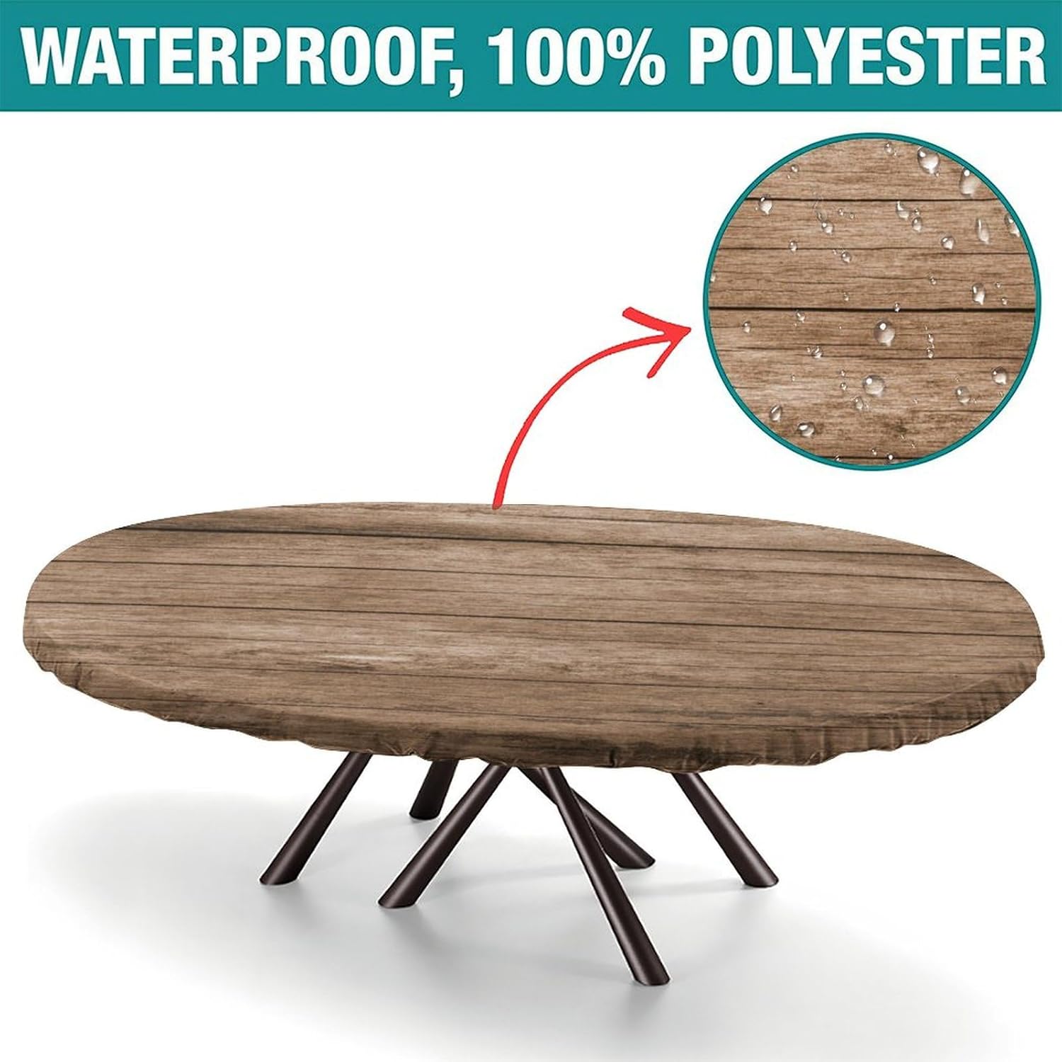 Elastic Edge Polyester Fitted Table Cover, Brown Wood Grain Wipeable Table Cloth, for Indoor Outdoor Party Dinner Patio, Fits for 48" x 68" Oval Table