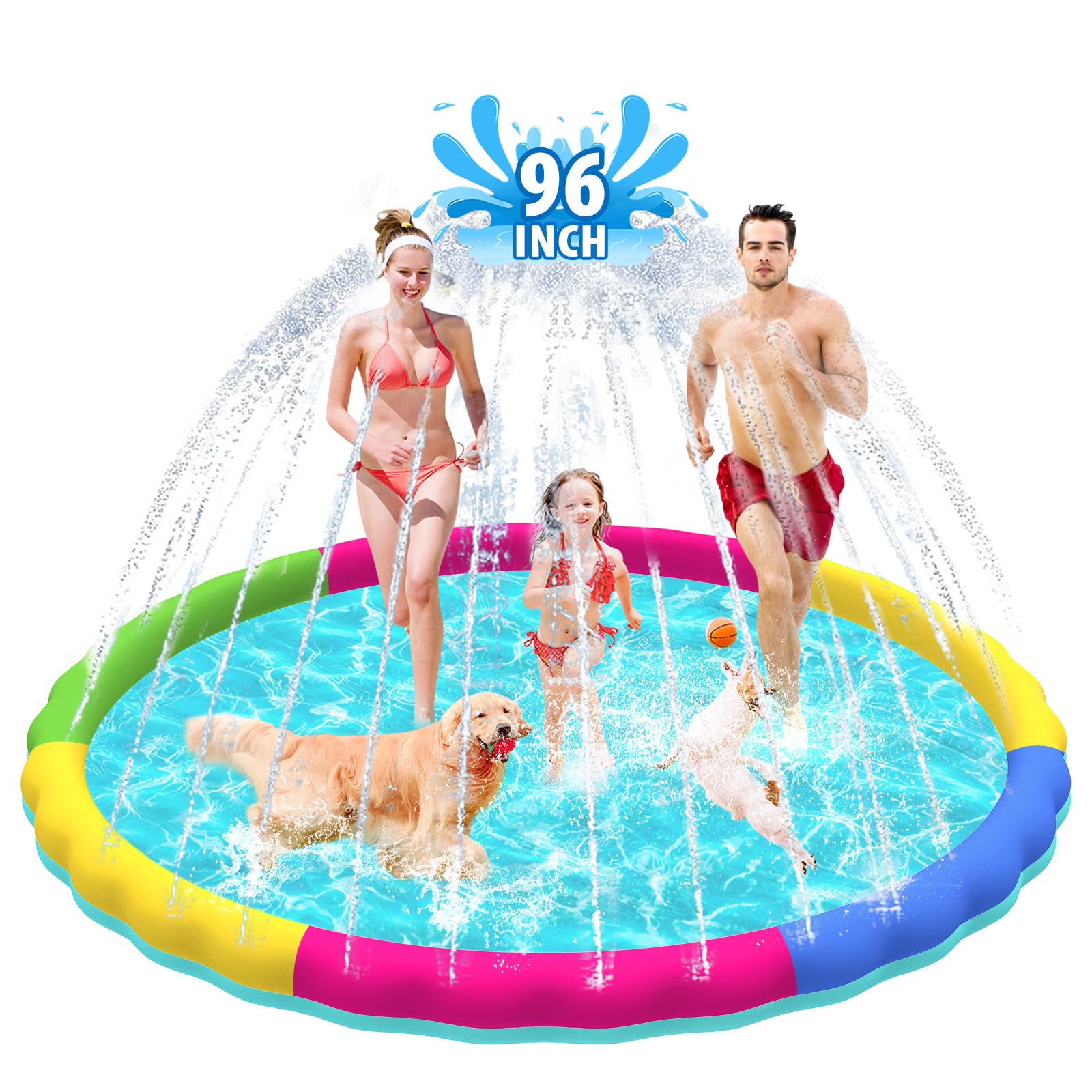 Raxurt Splash Pad, 97 Inch Splash Sprinkler Pad for Kids Dogs Thickened Durable Dog Pool Bath Pool Pet Summer Outdoor Water Toys, ColorfulClimatePartner certified