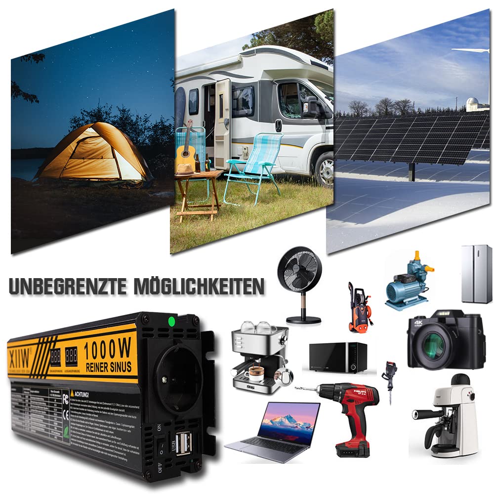Power Inverter Onda Sinusoidale Pura 1000W da 12V CC a 220V 230V CA con display LCD Invertitore di Tensione per sistema solare RV domestico