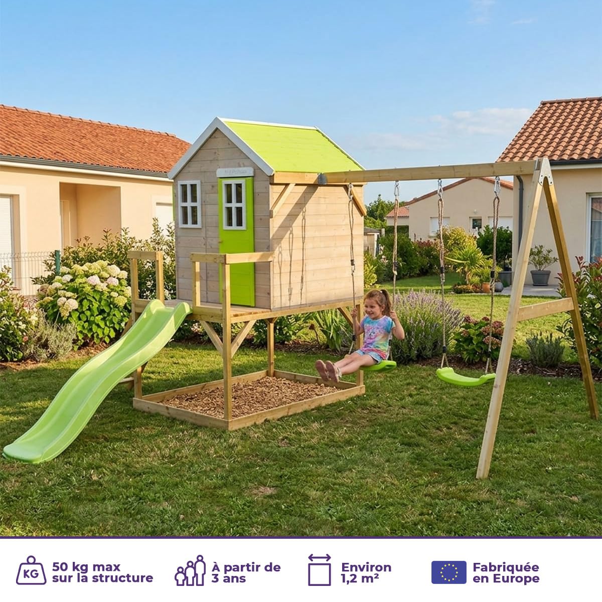 Kangui – Casa de jardín infantil exterior – Cabaña de madera con plataforma, tobogán y doble columpio – Techo impermeable – Verde y blanco