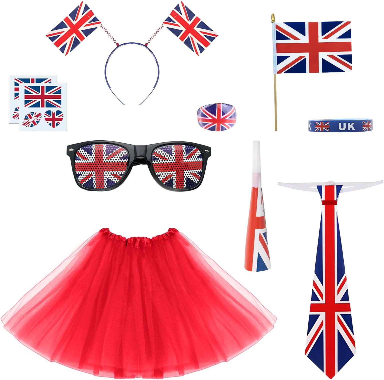 Alaiyaky Union Jack Dress Kids, 10pcs Union Jack Suit Red/Blue Tutu with Union Jack Headband Flags Glasses Wristband Rings Party-Blower Tie Sticker, Britain Fancy Dress for Celebrations (Red, Suit A)