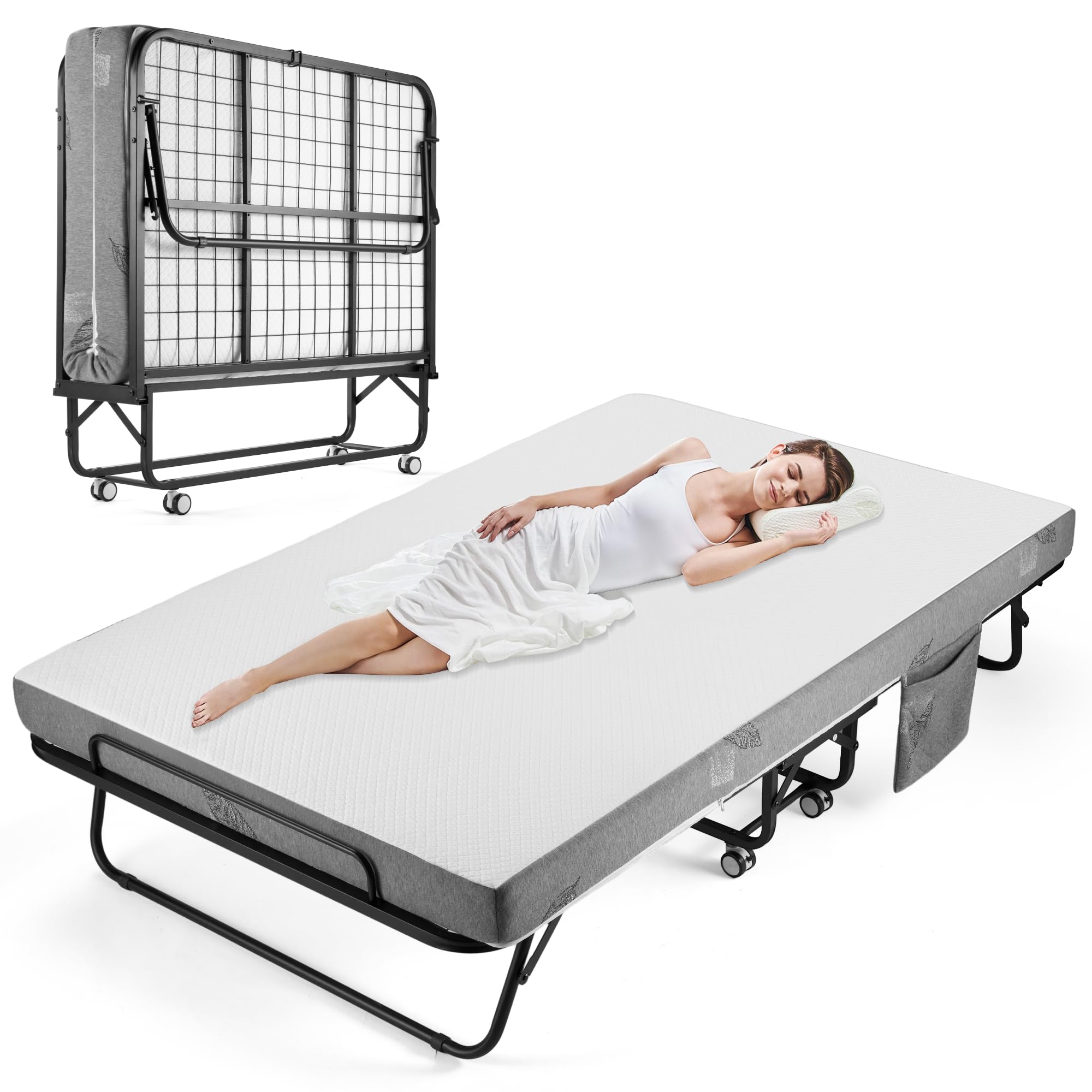 Jengolee Folding Bed with 5 Inch Mattress, 75” x 31” Extra Wide Rollaway Guest Bed for Adults, Portable Foldable Metal Frame, Space-Saving Storage