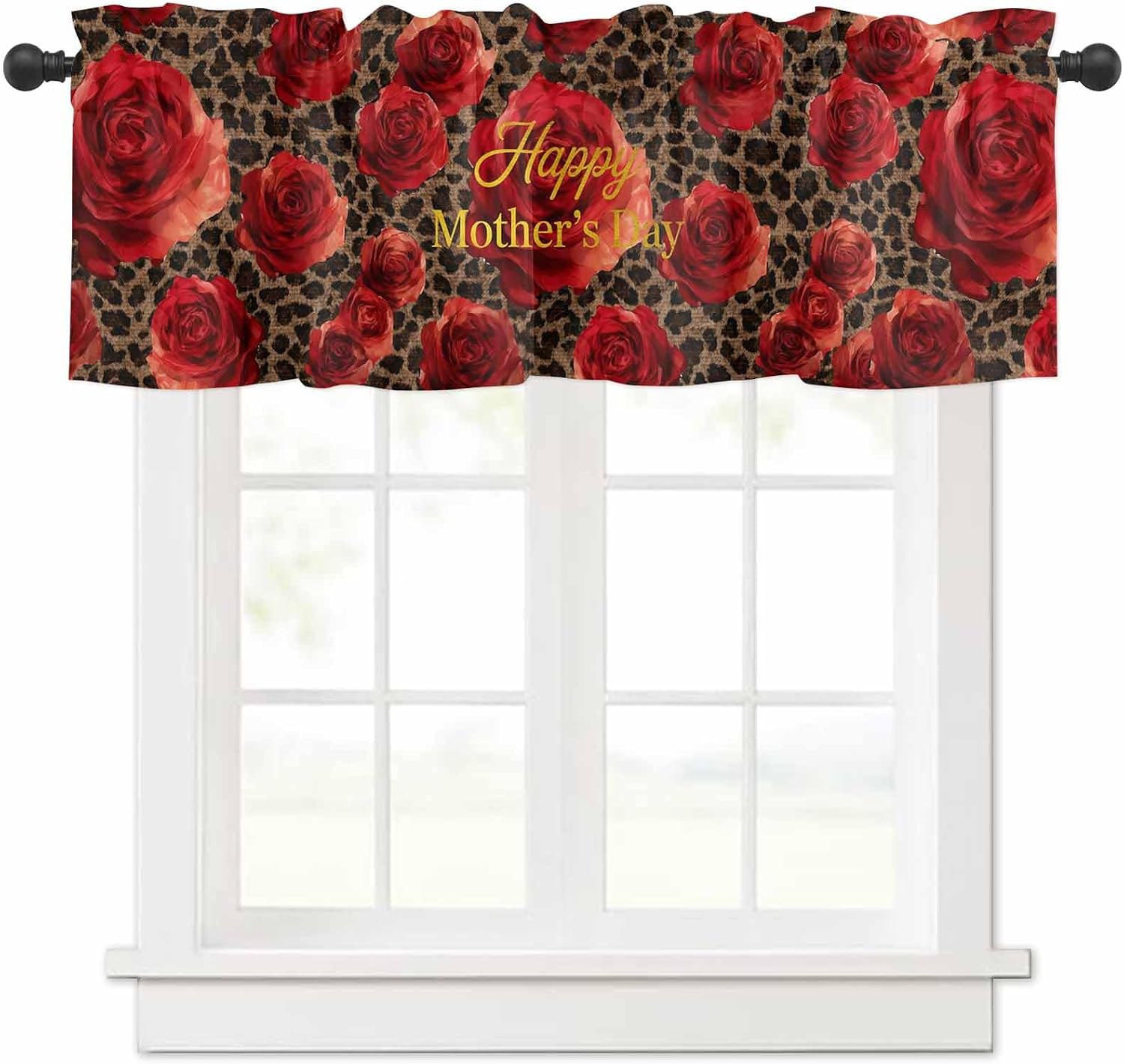 Red Roses Leopard Curtain Valance 54" x 18", Window Valances Rod Pocket Curtains Drapes, Happy Mother's Day Short Topper Curtain for Kitchen Cafe Living Room, 1 Panel