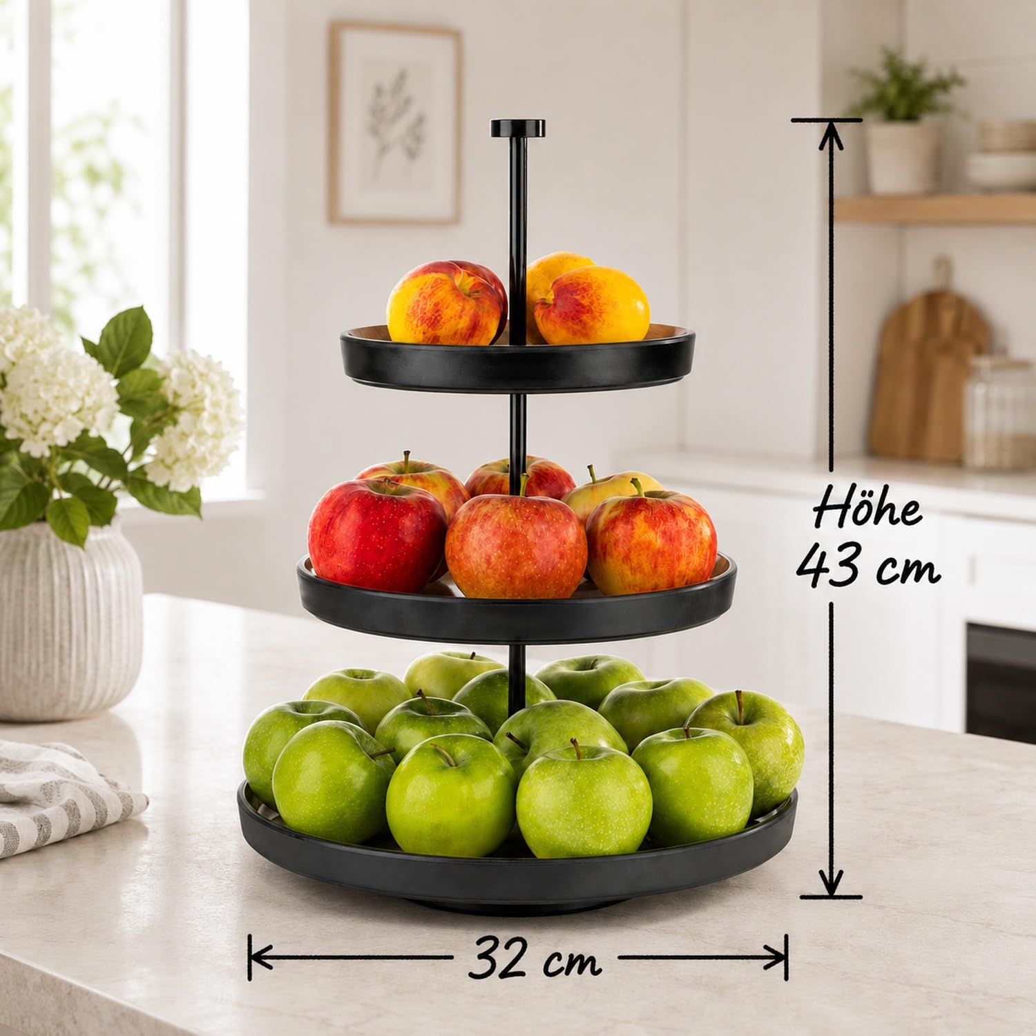 APS 85211 „Frida“ 3-stufige Etagère, 1 Gestell aus Edelstahl (schwarz), 3 Schalen aus nahezu unzerbrechlichem Melamin, Ø 20/25/32 cm, Höhe 43 cm