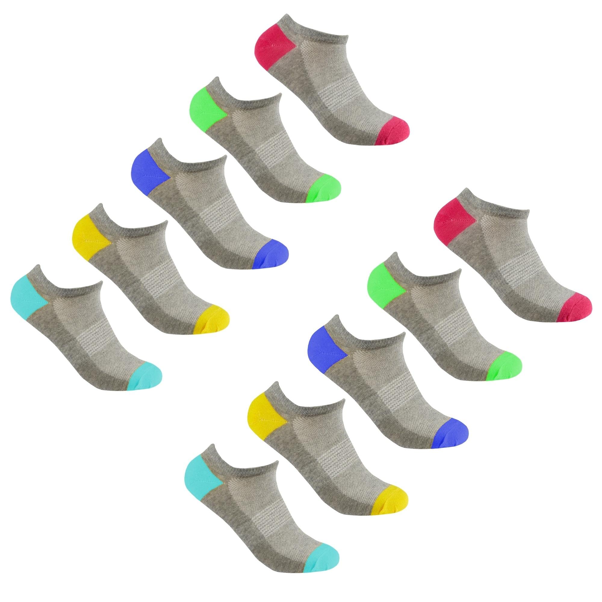 Style It Up Womens/Ladies 10 Pairs Socks Sports Trainer Gym Everyday Active Activewear Ankle Liners Arch Support (Grey Bright/Pastel, UK 4-8)