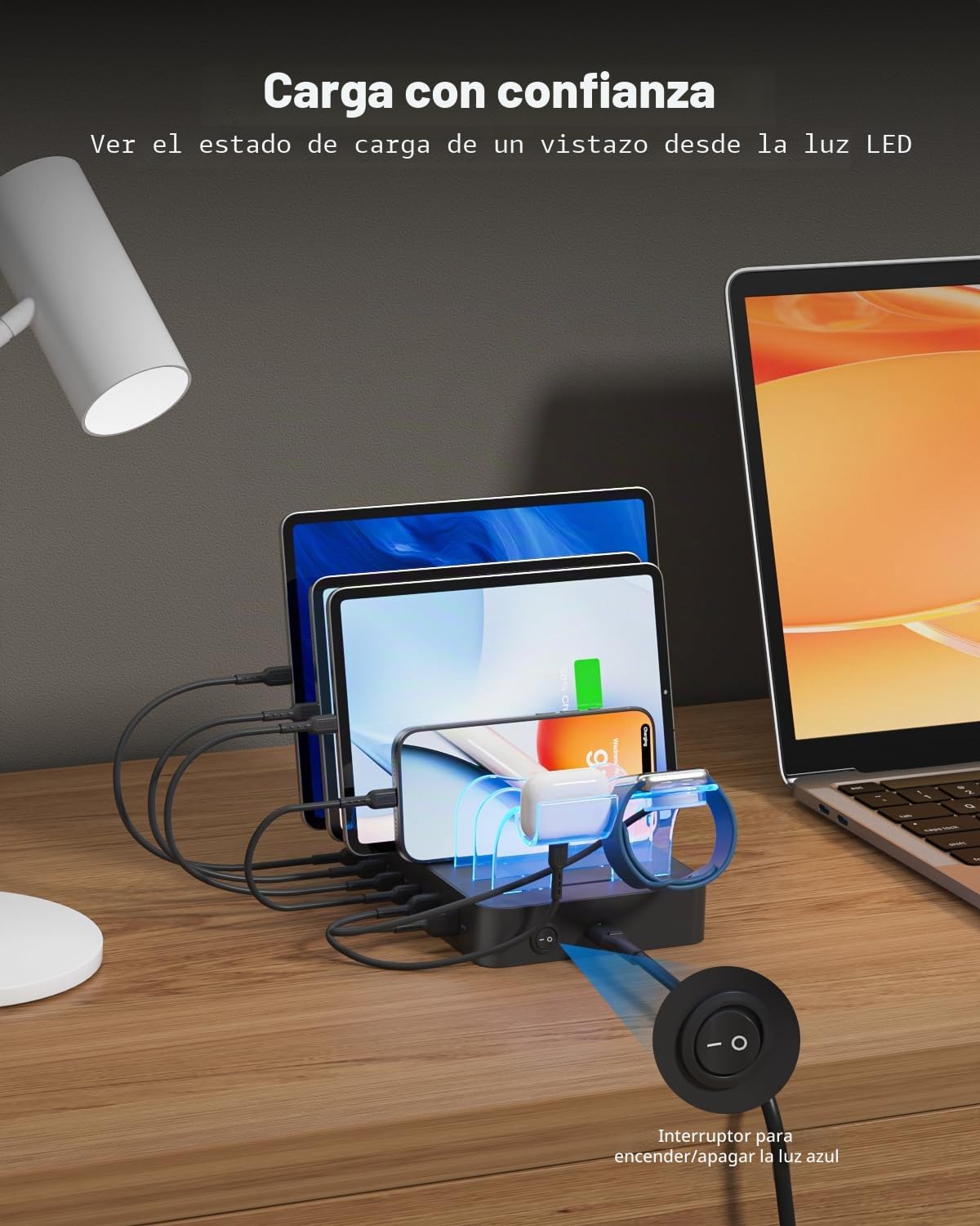 SooPii Estación de Carga de 90 W para múltiples Dispositivos, estación de Carga multiUSB C de 6 Puertos con 6 Cables Cortos Mixtos, Base de Carga PD de 20 W para iPhone, Galaxy, iPad, Tableta y más