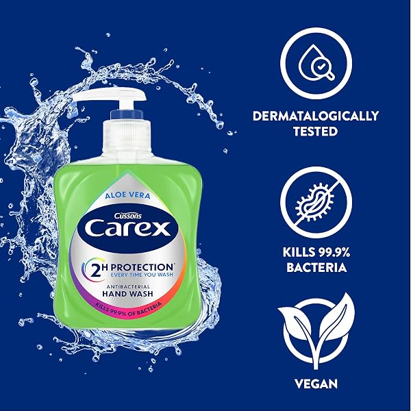 Carex 2 Hour Protection Antibacterial Aloe Vera Hand Wash, Added Natural Moisturisers, Gentle & Protects Hands, Bulk Buy, Pac - 2