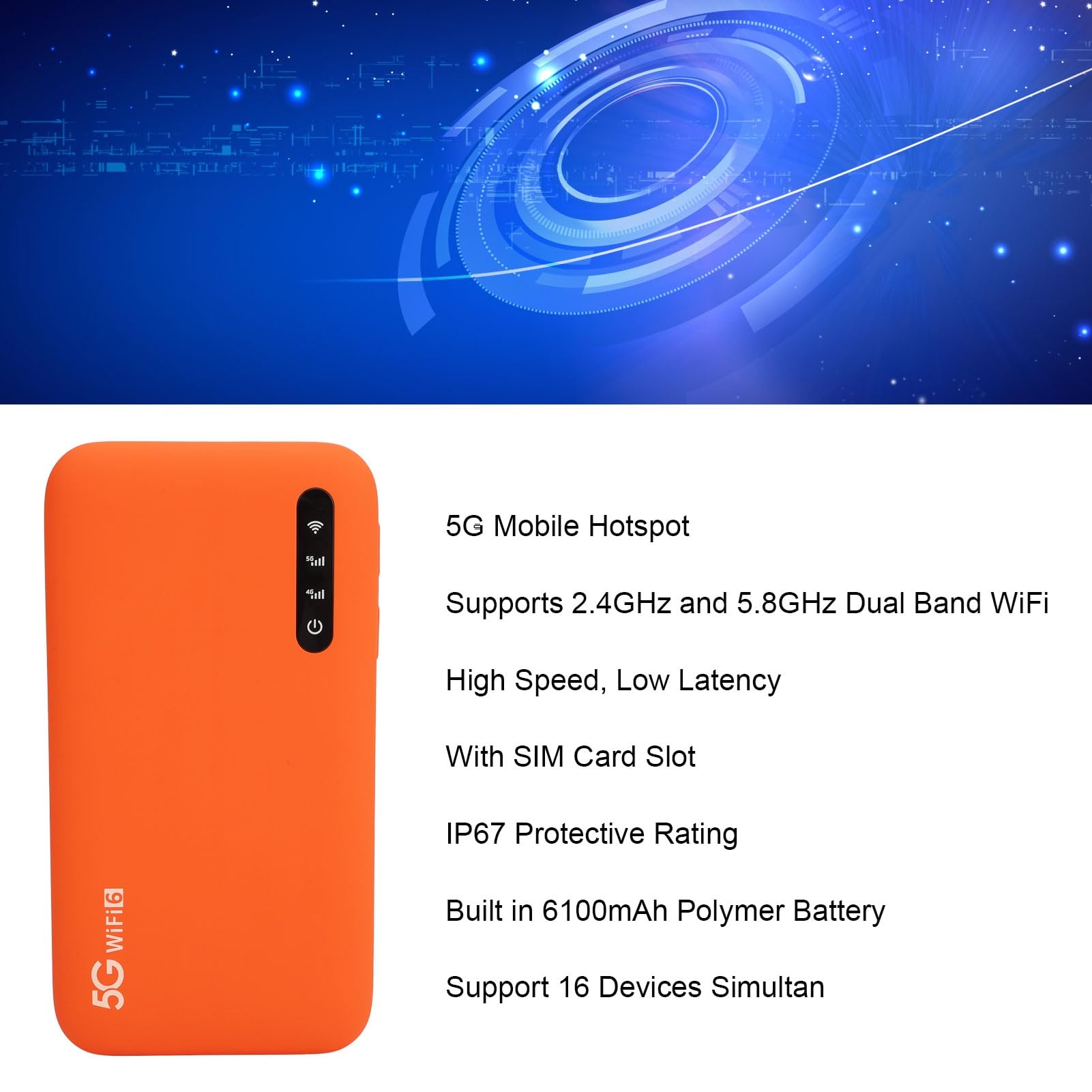 Hotspot 5G Portátil, WiFi 6 2,4 GHz y 5,8 GHz, con Ranura para Tarjeta SIM, 16 Dispositivos Compartidos, 6100mAh, Dispositivo de Viaje para Teléfono Portátil