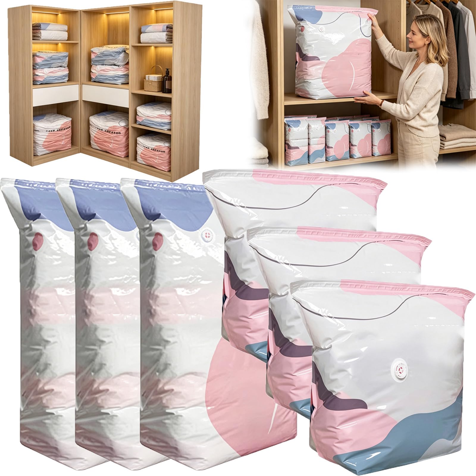 No Pump 3d Vacuum Storage Bags 3-Sec Fast Compression,Heavy Duty Press and Seal No Pump Large Vacuum Storage Compression Bags (3M+3L)