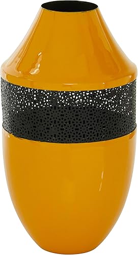 Miniatura 3 de Deco 79 Florero de piso de metal esmaltado amarillo bohemio con diseño de metal de alambre negro, 7"x13"