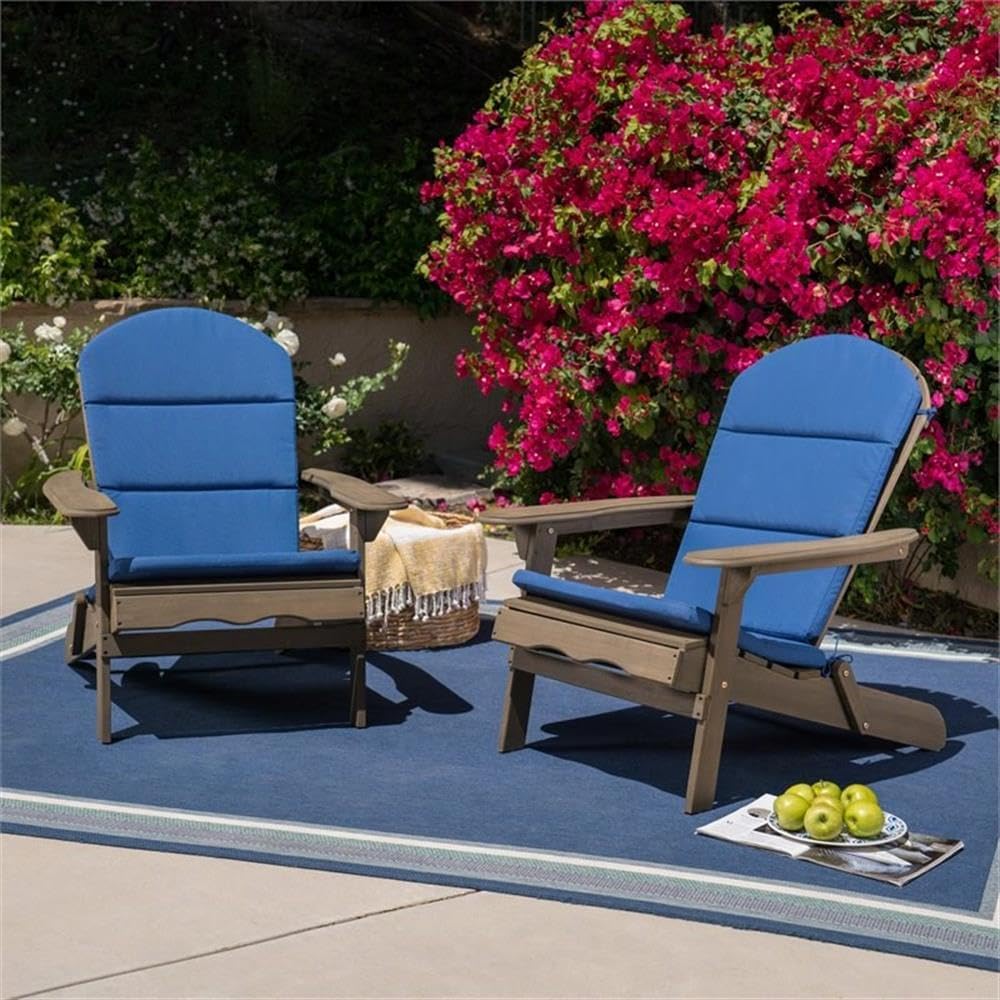 Christopher Knight Home Amenda Outdoor Acacia Wood Folding Adirondack Chairs with Cushions (Set of 2), Gray, Grey + Navy Blue