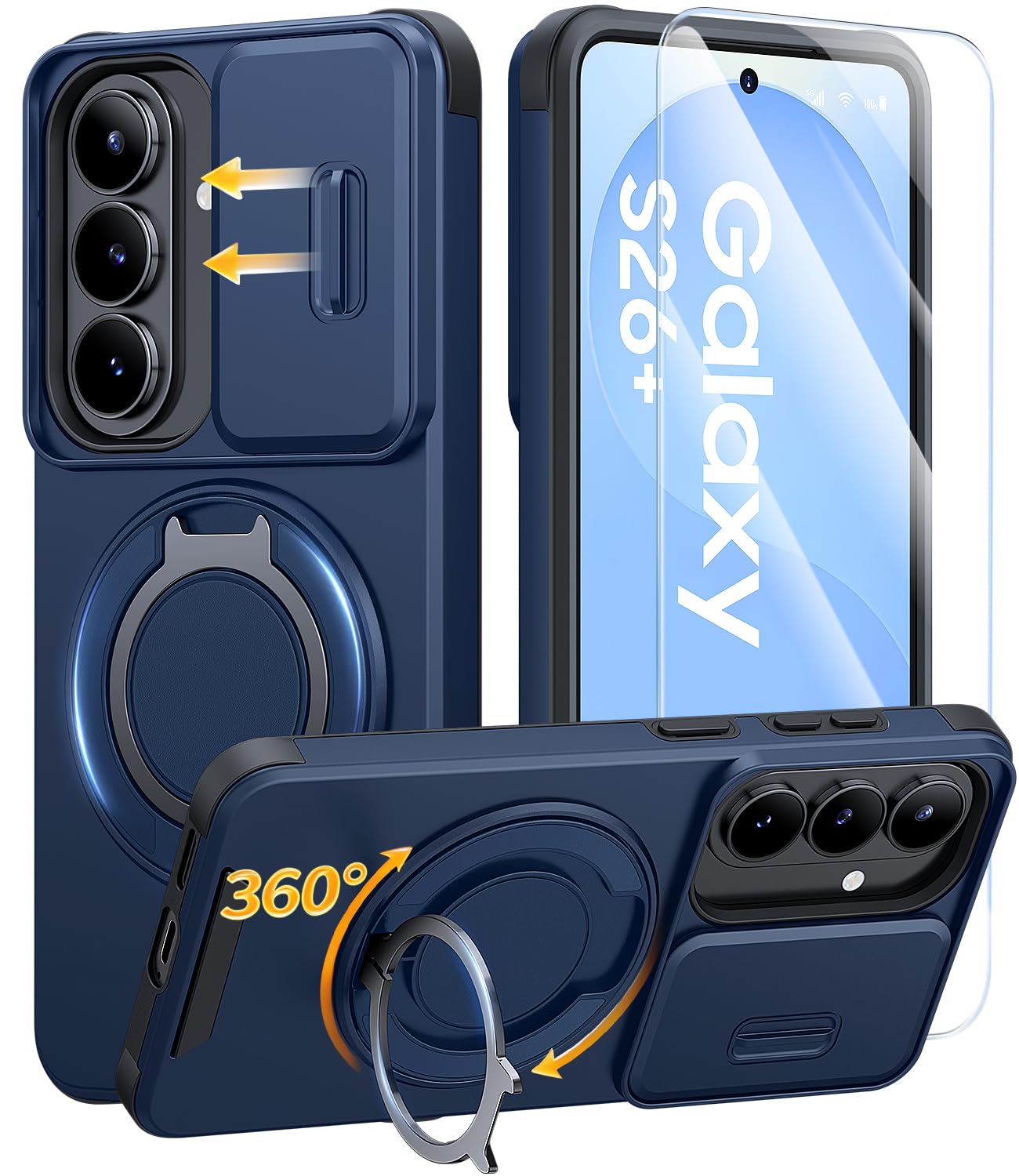 Photo 1 of JAME for Samsung Galaxy S26+ Plus Case, Ring Holder Stand Kickstand, Slide Camera Cover with Screen Protector, Dual-Layer Shockproof Protective, Magnetic Accessory Friendly S26 Plus Phone Case, Blue