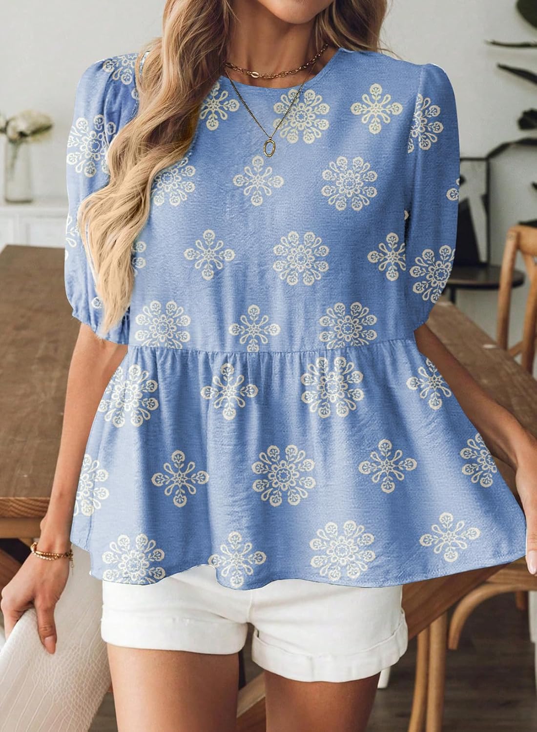 BLENCOT Women's Babydoll Peplum Tops Boho Puff Short Sleeve Bowknot Back Shirts Cute Summer Blouses - Image 2