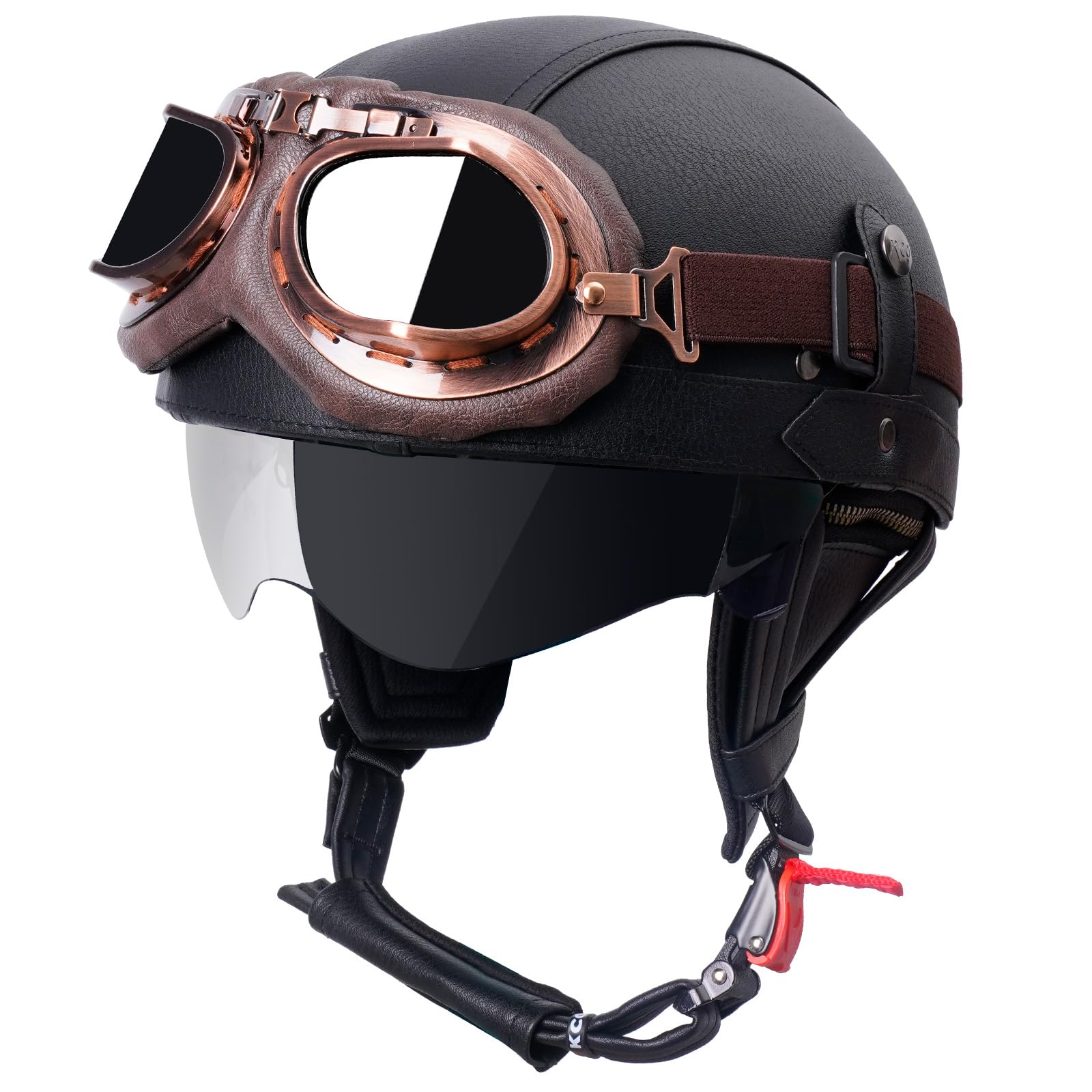 Casco retro para moto, de piel, estilo alemán, con gafas, certificado ECE