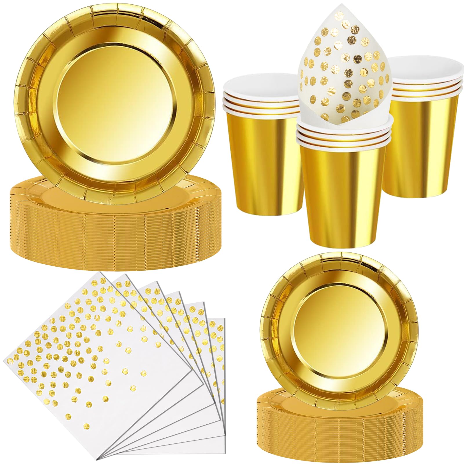 Nkaiso Party Plates Cups and Napkins Set, 50 Piece Golden Party Tableware, Disposable Paper Plates Cups Napkins for Birthday BBQ Picnic Dinnerware Party Supplies