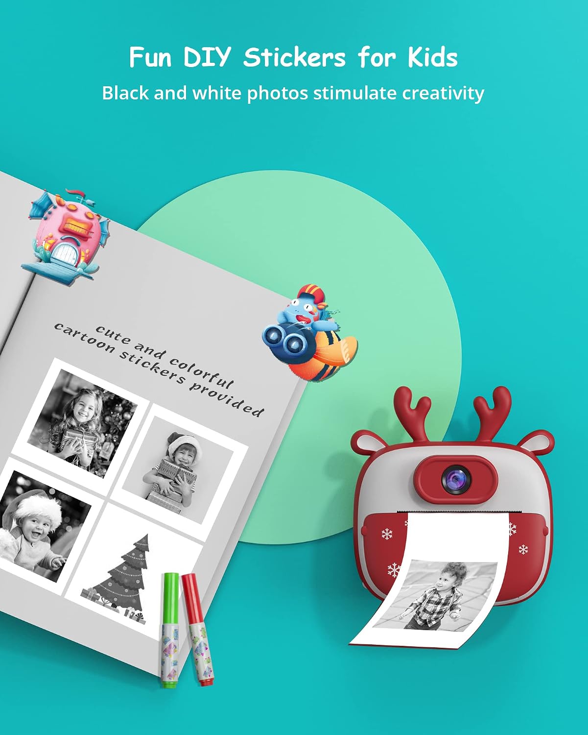 Dragon Touch InstantFun2 Kids Camera with Dual Lens, Print Paper, Stickers, Pens & Bag for Girls & Boys (Red)