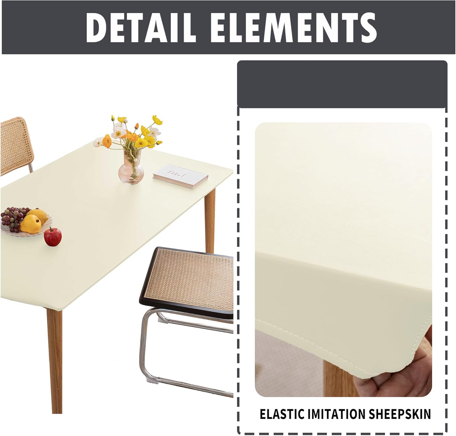 PU Stretch Fitted Rectangle Tablecloth with Elastic Edge 35 x 59 Inch Waterproof Oil Proof Table Cloth Wipeable Table Cover for Indoor Outdoor Furniture Protect (Cream,35"x59")