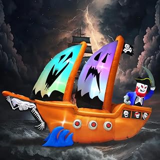 10FT Length Halloween Pirate Ship Inflatable with Pirate, Halloween Decorations Outdoor Inflatable Pirate Ship Built-in 5 LEDs and 4 RGB Lights for Pirate Halloween Decorations Outdoor