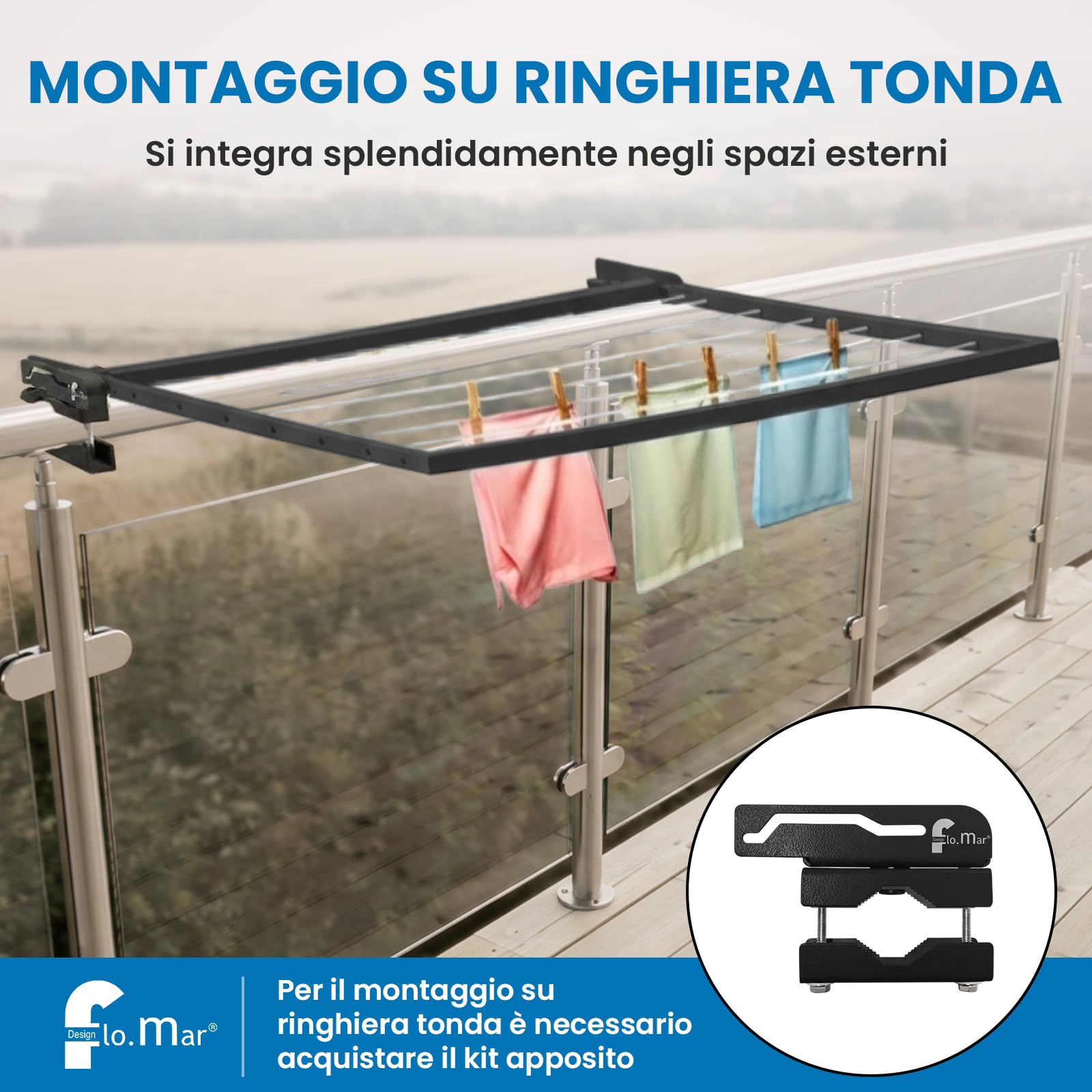 Flo.mar Stendino da Balcone e Parete 150x70 cm - Kit Montaggio Incluso - Stendibiancheria da Esterno Ribaltabile e Salvaspazio in Alluminio - 8 Cavi in Nylon - Stendipanni a Scomparsa (Flip)