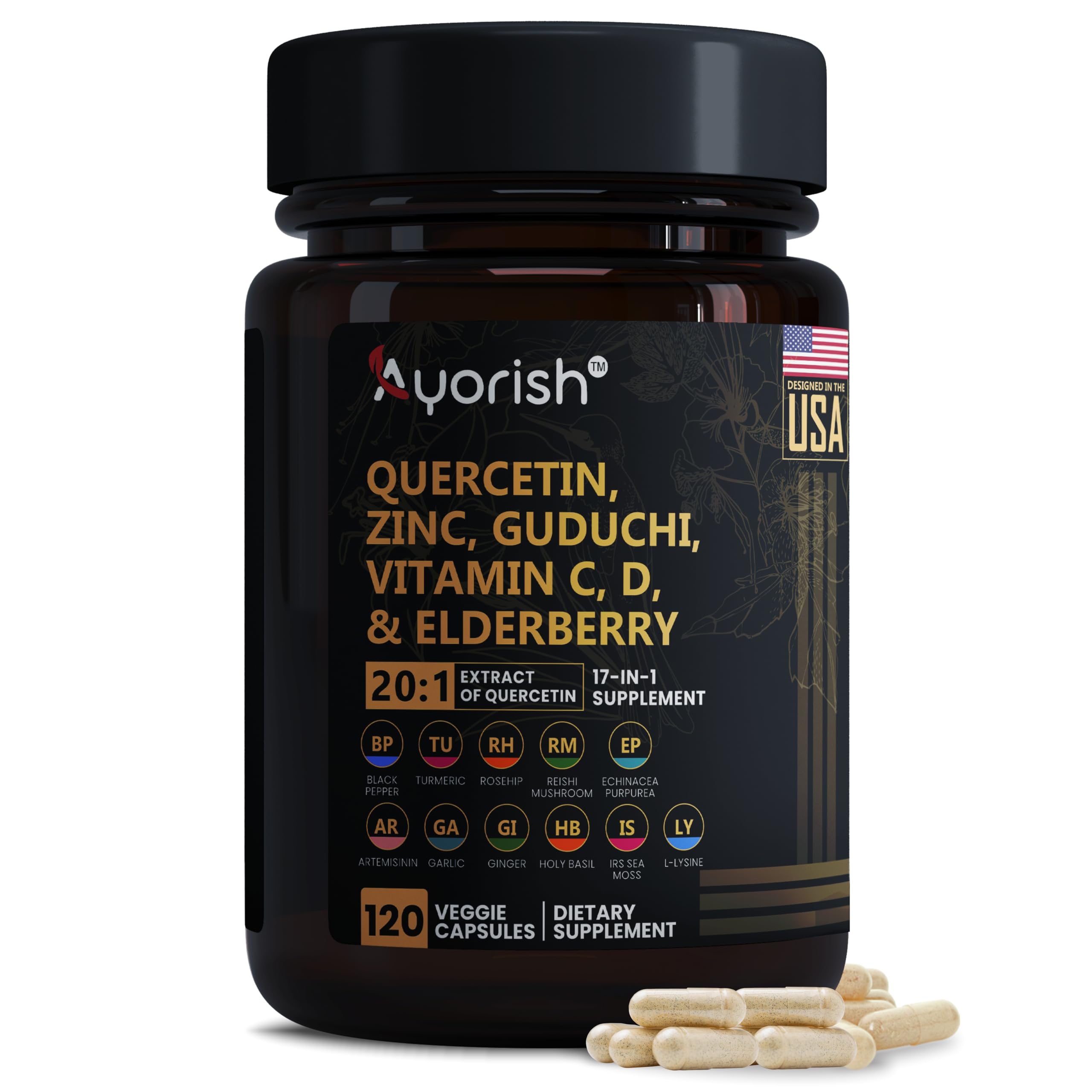 Ayorish Quercetin Zinc Vitamin C Vitamin D Bromelain Elderberry - Supplement Adults with Artemisinin, Sea Moss, Echinacea, 120 Count