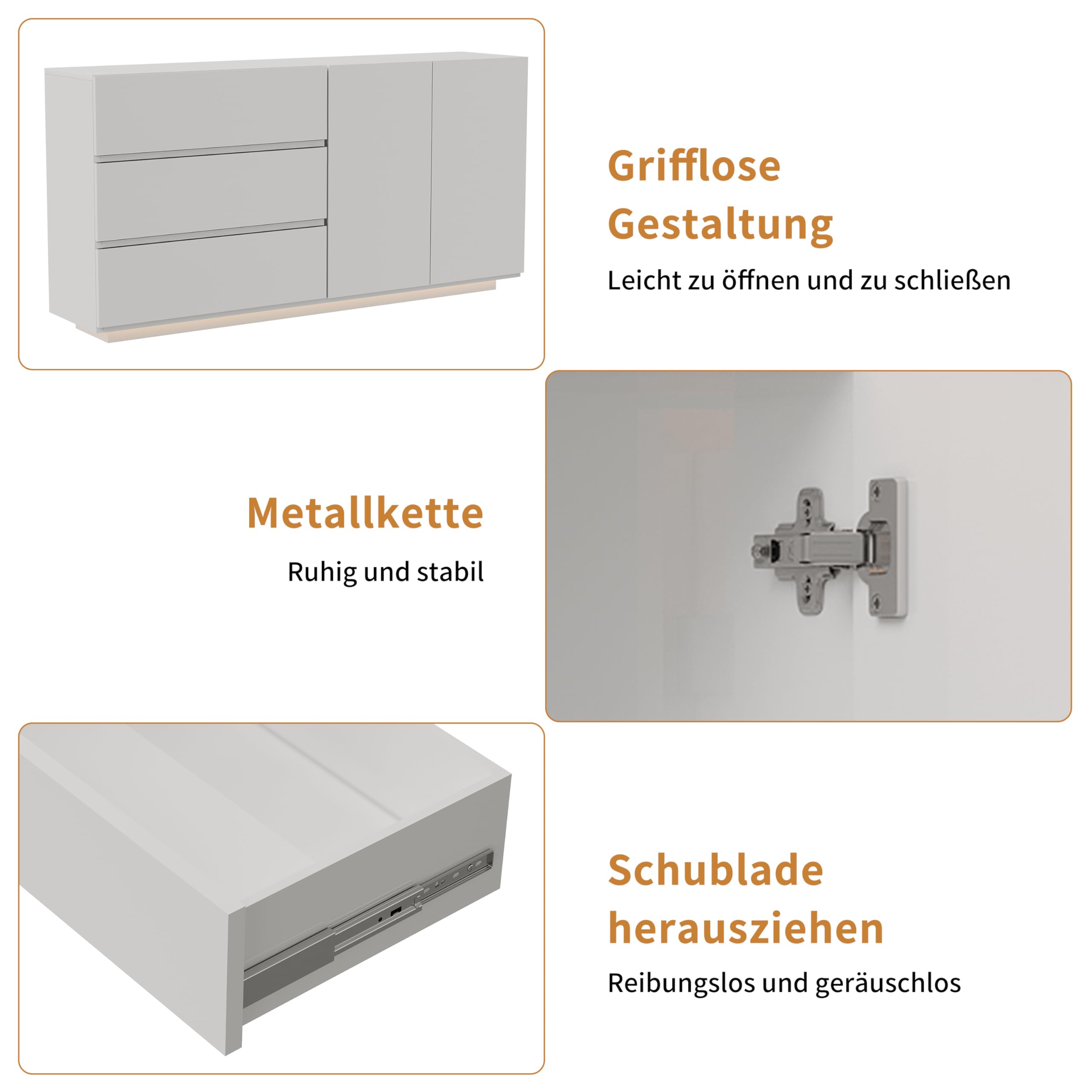 DULRLLY Kommode Weiß Hochglanz mit LED Beleuchtung, Sideboard Weiss Hochglanz 160cm mit 2 Türen und 3 Schubladen, Küchenschrank Buffets Anrichte, Buffetschrank Modern für Schlafzimmer Esszimmer Flur