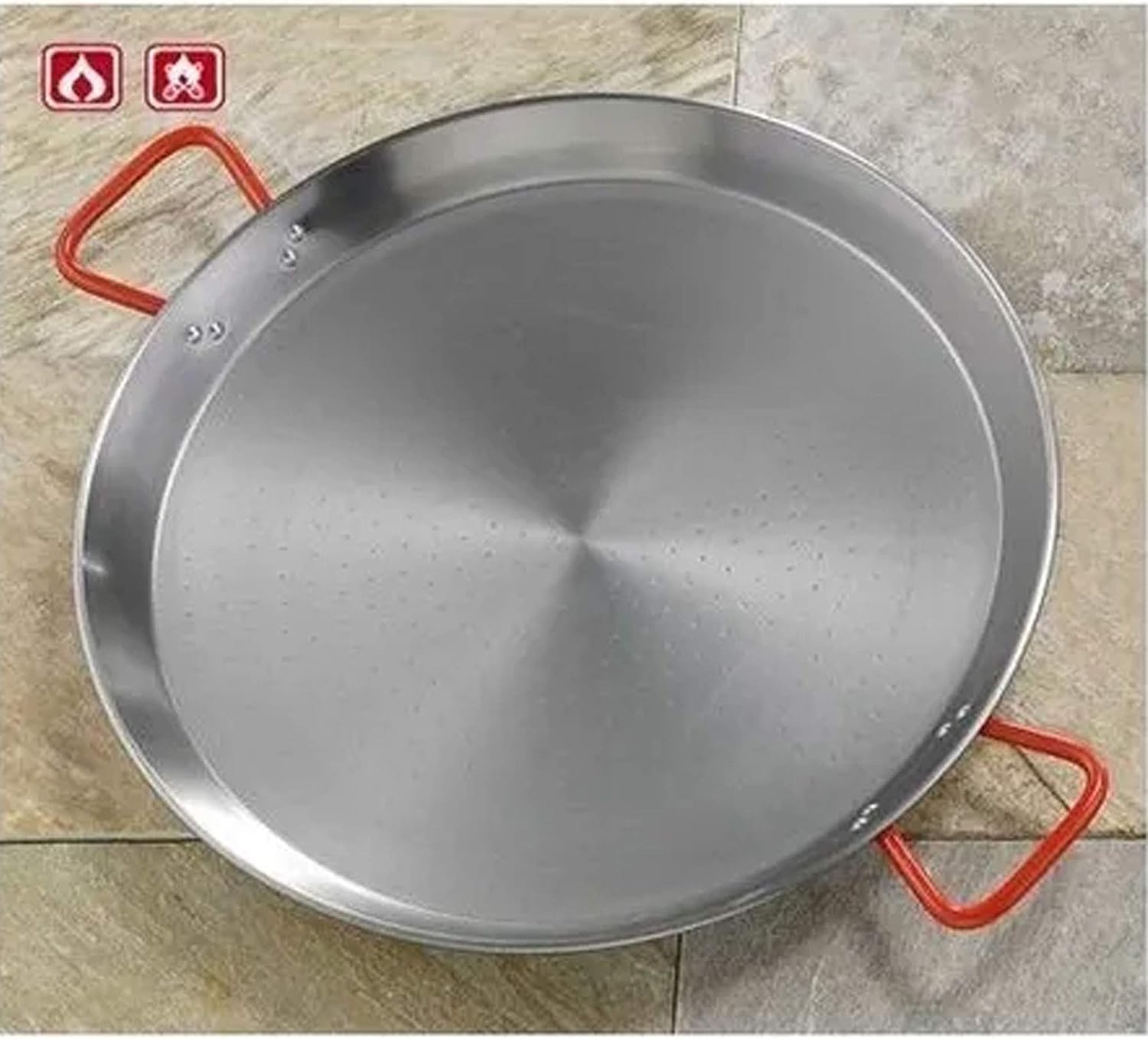 La Ideal Polished Steel Paella Pan, Silver/Red, 22 cm