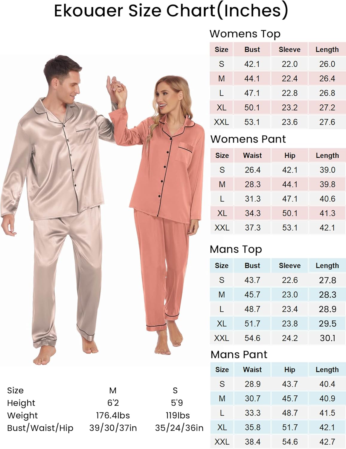 Ekouaer Couples Matching Pajamas Silk Long Sleeve Sleepwear Satin Soft Button Down Loungewear Pjs Set S-XXL : Clothing, Shoes & Jewelry